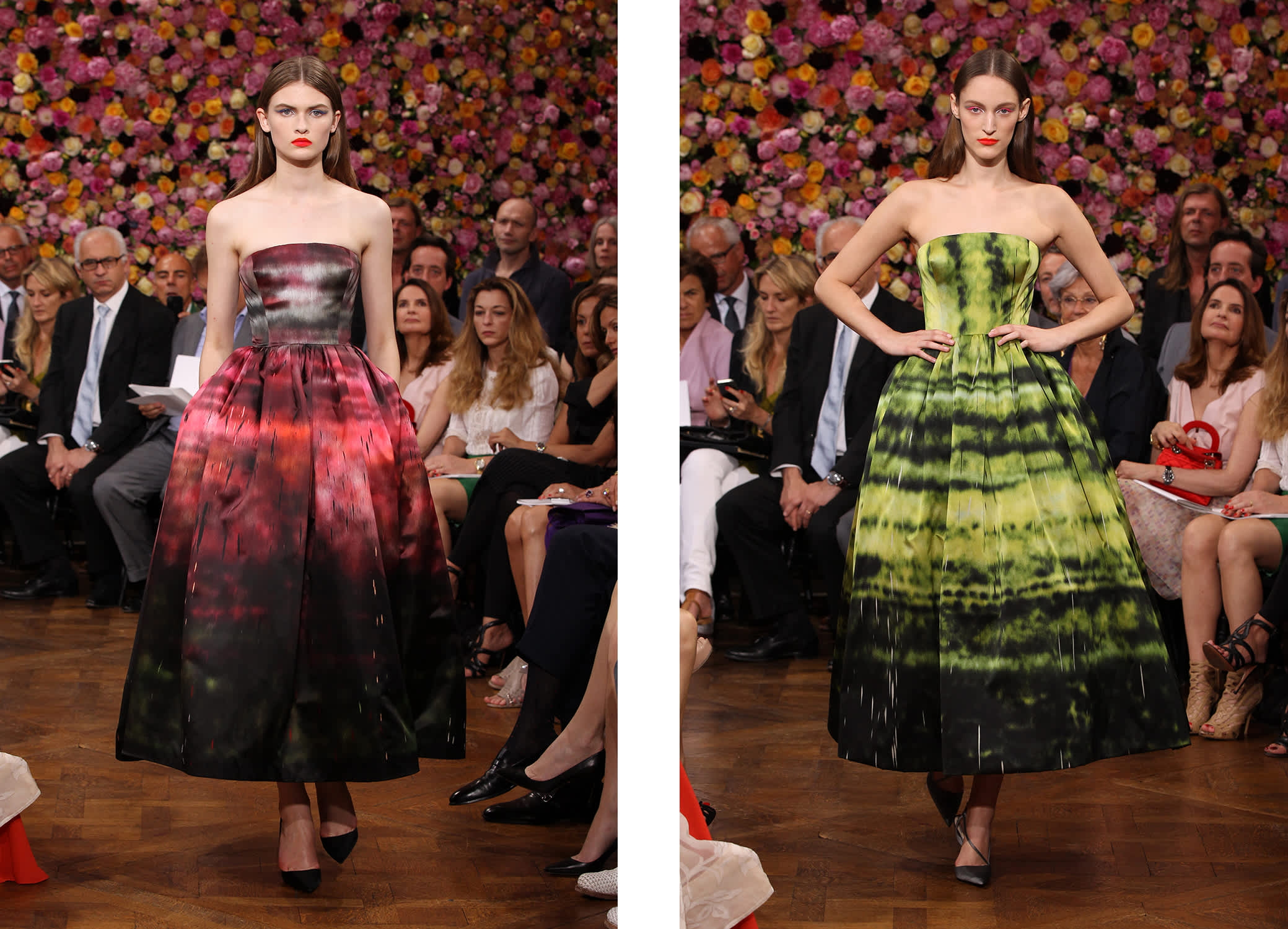 Dresses from Raf Simons's debut collection for Dior, featuring patterns from Sterling Ruby's art. Courtesy of Dior.