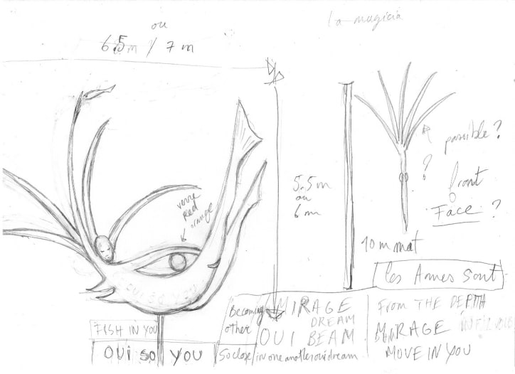 Laure Prouvost, preparatory sketch for the weathercock-sculpture Icare, Us, Elle, 2024. Courtesy of the artist, Galerie Nathalie Obadia, Carlier Gebauer, and Lisson Gallery. © Adagp, Paris, 2025