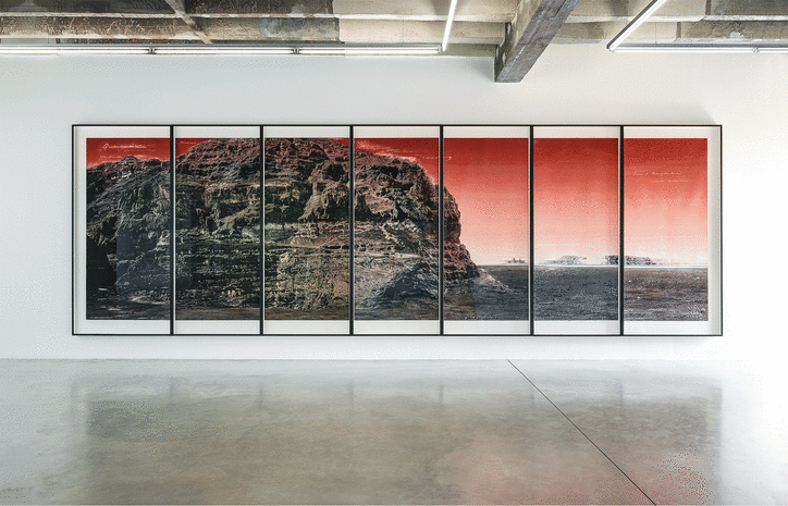 Tacita Dean, Quarantania , 2018. Colour photogravure, 7 panels each in 3 parts, on Somerset White Satin 300g. Printed by Mette Ulstrup, Julie Dam, Tom Jennions and Niels Borch Jensen. Published by BORCH Editions,Copenhagen. Each panel approx. 216 x 100 cm (247 x 759 cm total framed work). Installation view, BORCH Gallery, Berlin, 2018. Photo Jørgen Strüwing. Courtesy the artist; BORCH Editions, Copenhagen.