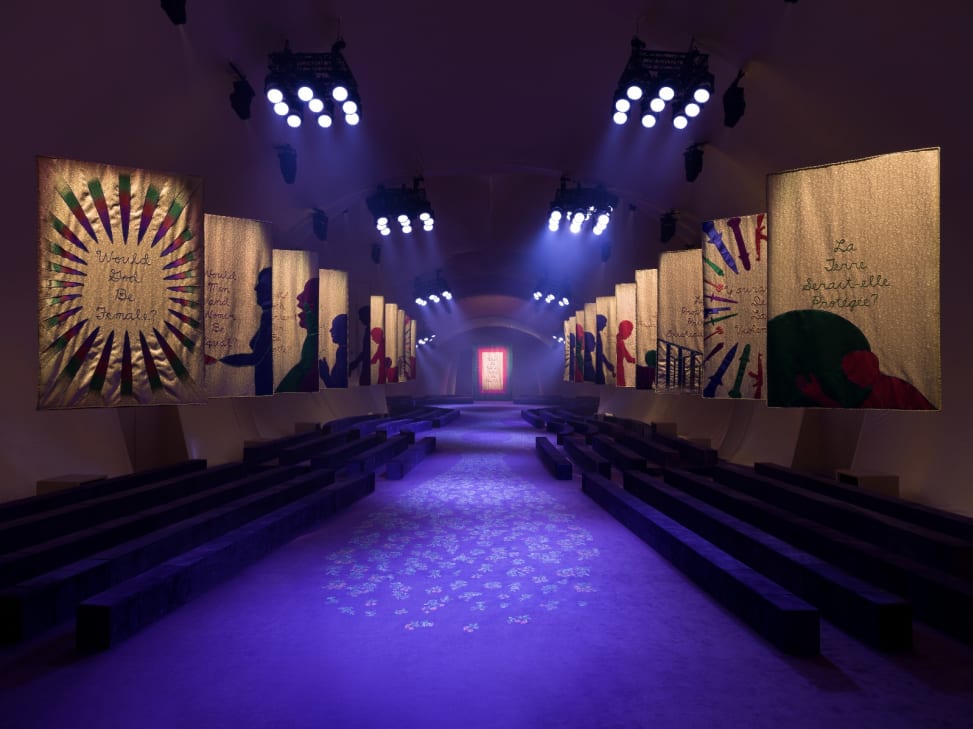 Crafted background by Chanakya School of Craft in collaboration with Judy Chicago for Dior Haute Couture Spring Summer 2020 show. Courtesy of Chanakya Foundation and Dior.