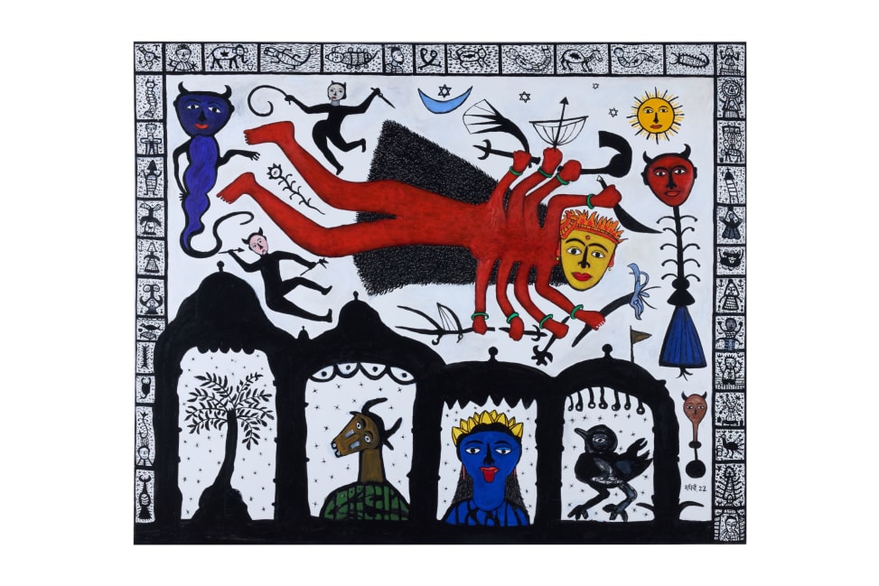 Madhvi Parekh, Flying Goddess, 2022 (presented in ‘Cosmic Garden’ in Venice, 2024). Courtesy of the artist and Chanakya Foundation.