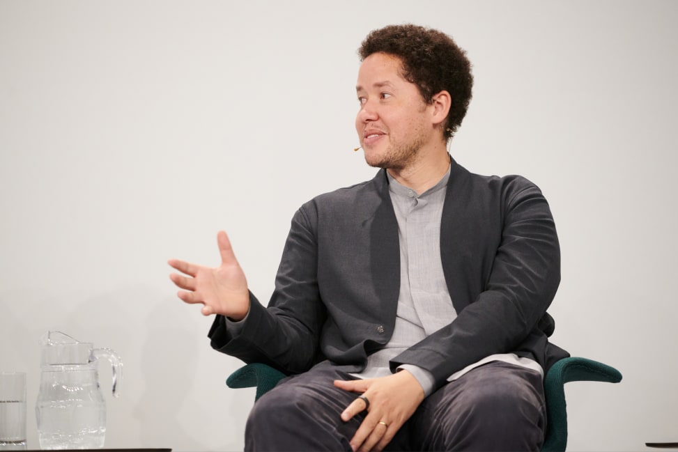 Artist Michael Armitage speaking at Art Basel’s Conversations, 2022.