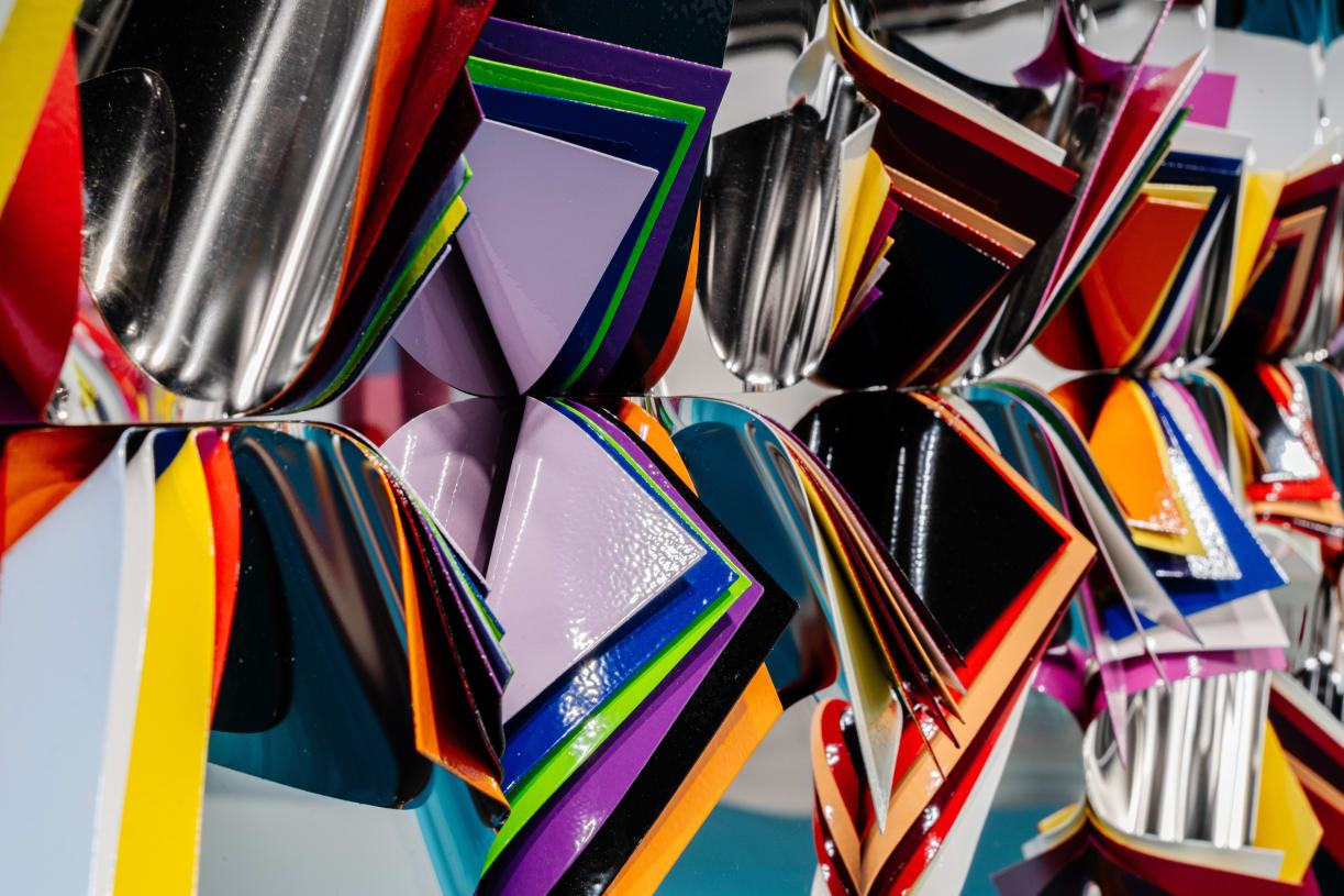 Detail of an artwork by Jim Lambie presented by Anton Kern Gallery at Art Basel Miami Beach 2024.