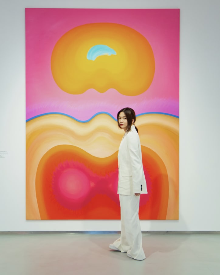 Portrait of Queenie Law. Artwork: Ilona Keserü, Rose-Orange Approach, 2000. © Q Contemporary