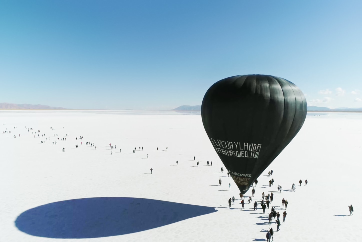 Members of the Indigenous Communities of Salinas Grandes and Laguna de Guayatayoc defend their land against lithium extraction during the Fly with Aerocene Pacha project in January, 2020. Photo: Studio Tomás Saraceno.