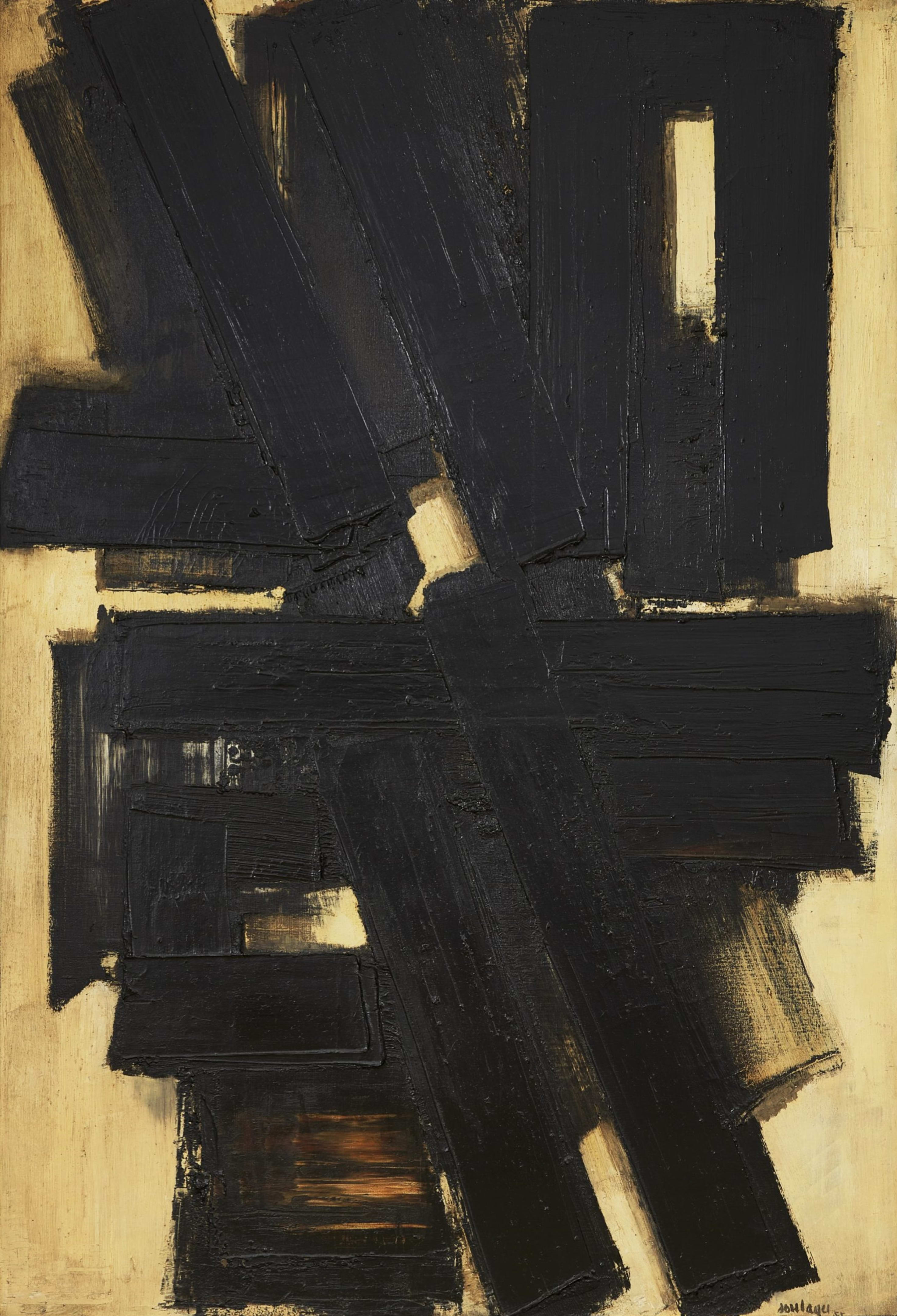 皮埃尔·苏拉吉 (Pierre Soulages)，绘画 130 x 88.5 厘米，1955 年。© 皮埃尔·苏拉吉 (Pierre Soulages)。由艺术家和 Applicat-Prazan 画廊提供。