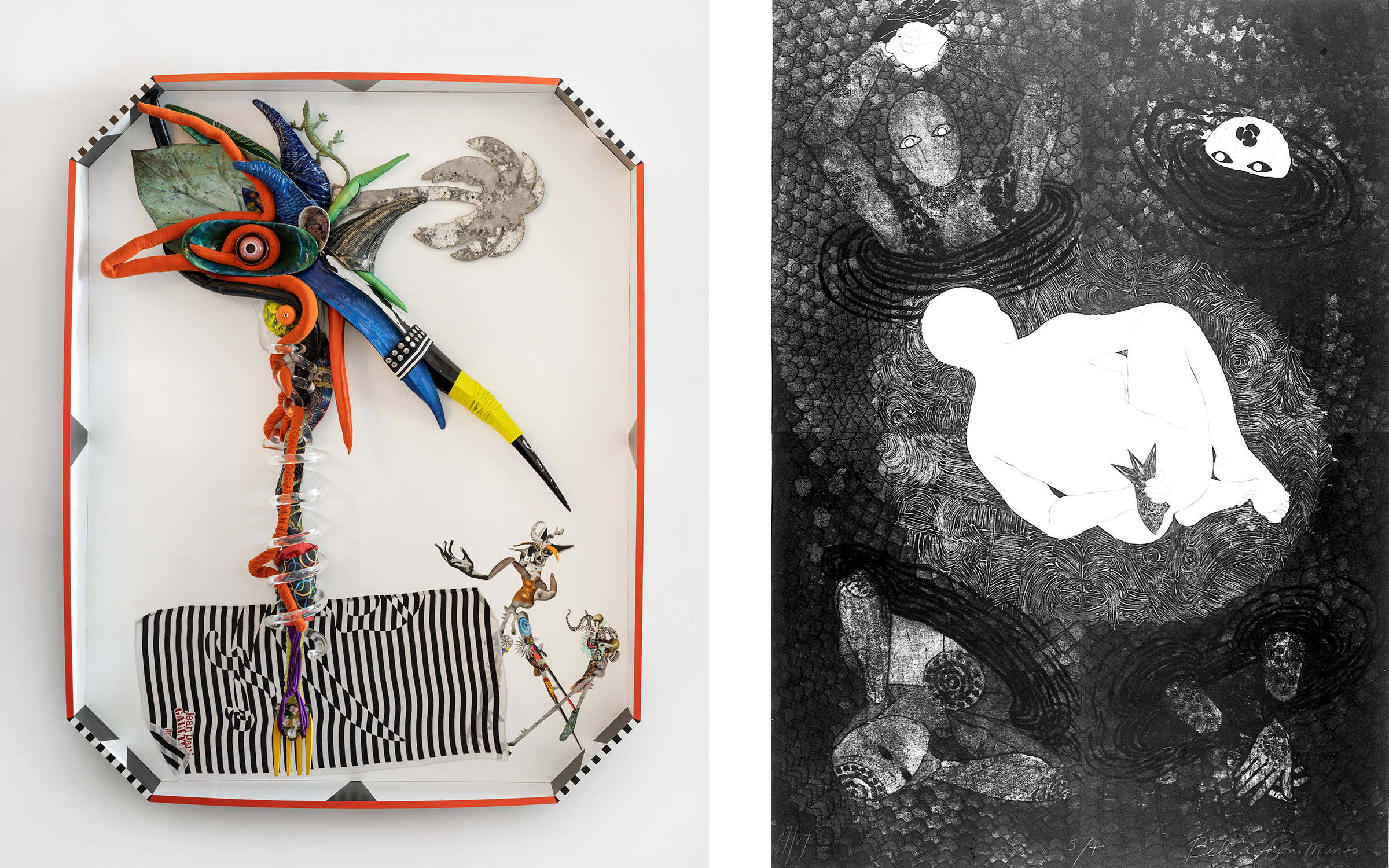 Left: Pepe Mar, On a Spiral, 2022. Courtesy of the artist and David Castillo Gallery. Photo by Zach Balber. Right: Belkis Ayón Manso, Untitled (woman in fetal position), 1996. Courtesy of the Belkis Ayón Estate and David Castillo Gallery. Photo by Jose A. Figueroa.