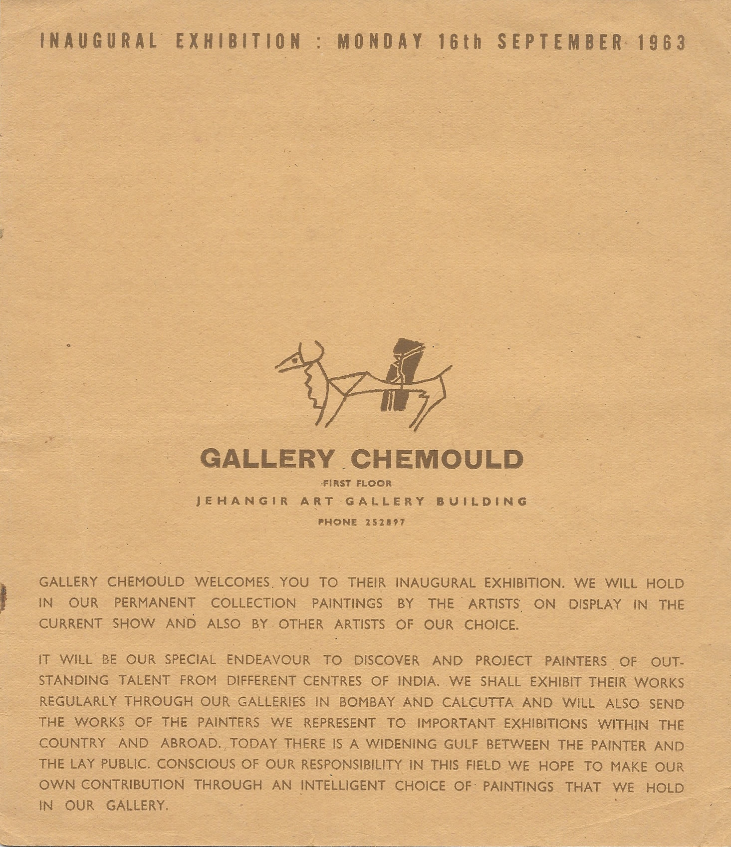 Invitation of Gallery Chemould's inaugural exhibition in September 1963. Courtesy of Chemould Archives, Mumbai, India.