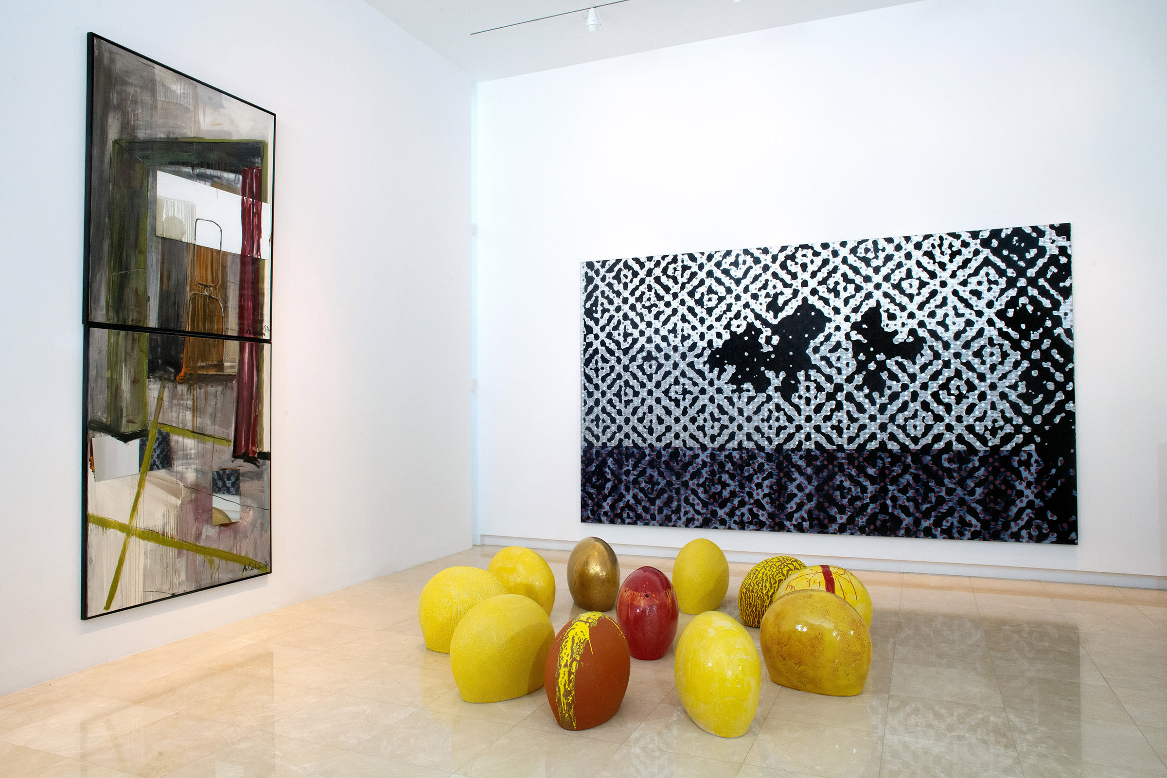 Installation view of Thomas Schutte, You are my Sun, 1998. Also featured: Albert Oehlen, KNZ and NZ, 1984 and Sigmar Polke, I Live in My Own World, but It&#039;s Ok, They Know Me Here, 2002. Courtesy of the de la Cruz Collection.