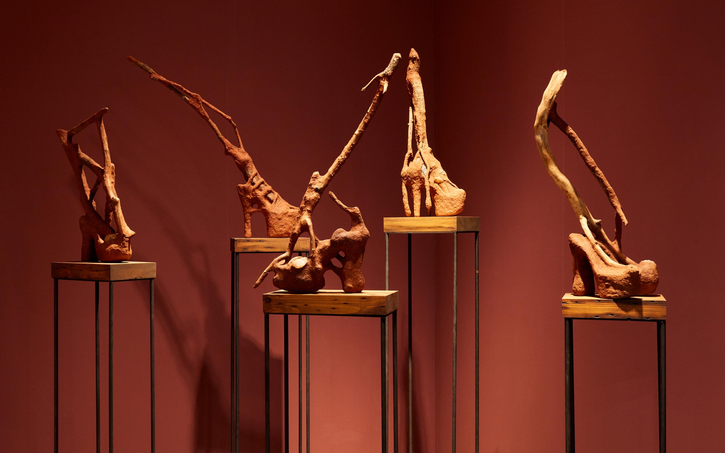 An array of sculptures by Wangechi Mutu, presented by Gladstone Gallery in the Kabinett sector (E7).