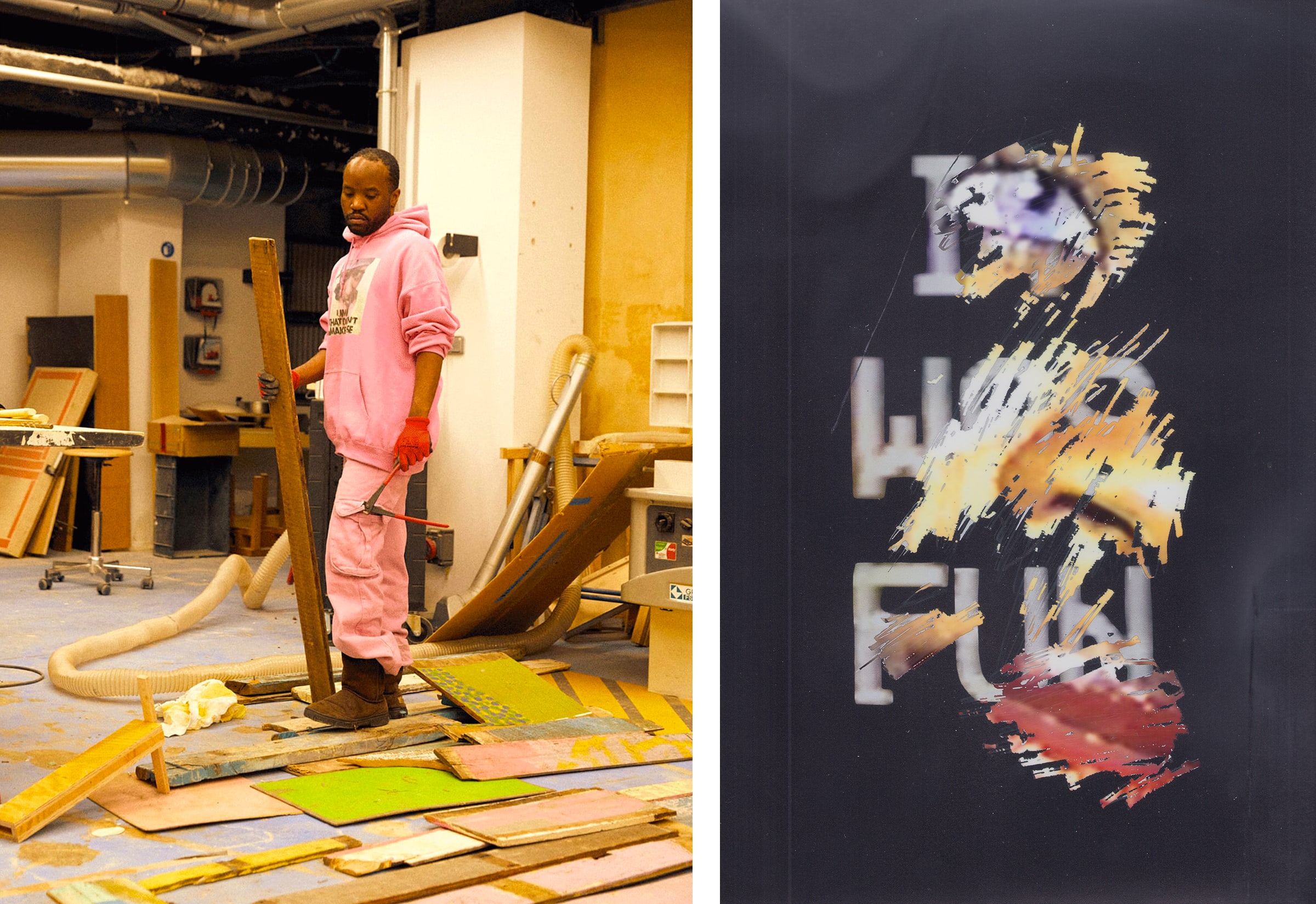 Gauche : Akeem Smith dans son studio à Paris. Photographie de Mathieu Richer Mamousse pour Art Basel. Droite : Akeem Smith, One last cry, 2023 © Akeem Smith.