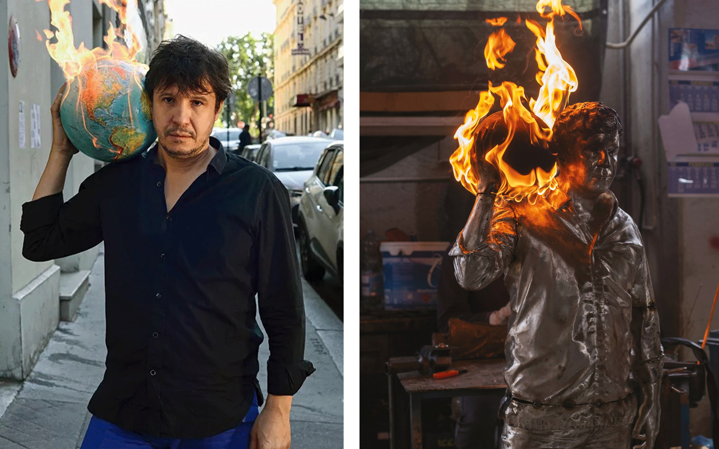 Left: Adel Abdessemed, Description d'un combat, 2020 © Adel Abdessemed - Adagp Paris 2022. Photograph by Frank Perrin. Right: Adel Abdessemed, Tonight no man will sleep, 2022. Courtesy of the artist and Galleria Continua. © Adel Abdessemed - Adagp Paris 2022. 