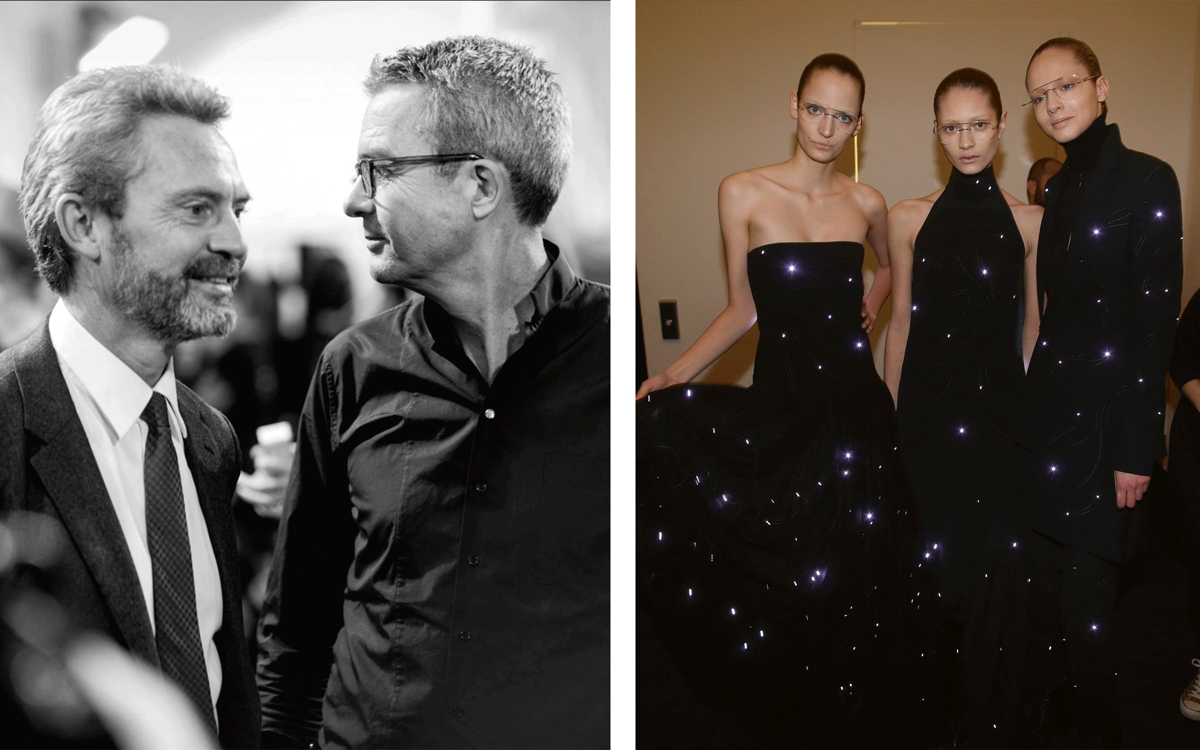 Left: Peter and Albert Kriemler at a Paris fashion show © Akris. Right: Akris, Albert Kriemler x Thomas Ruff, backstage shot, Fall/Winter 2014 © Akris.