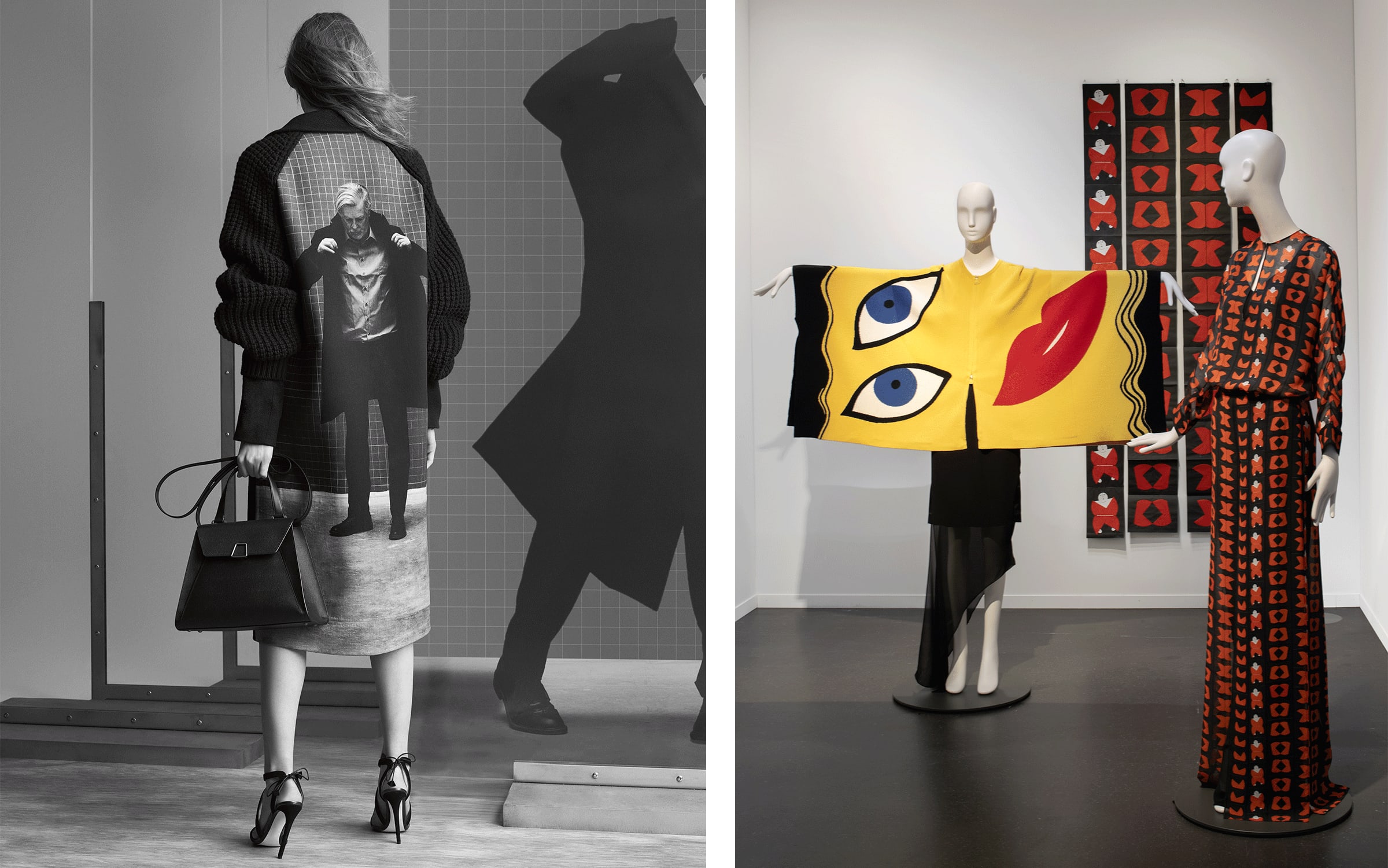 Left: Akris, Albert Kriemler x Rodney Graham, Der Mantelanzieher, print on cashmere double face coat with knit sleeves (foreground), Rodney Graham, Der Mantelanzieher, 2015 (background), advertising campaign, Fall/Winter 2017. Photograph by Amit Israeli. © Akris. Right: Installation view of the exhibition ‘Akris. Fashion. selbstverständlich’, Museum für Gestaltung, Zürich, 2023. Photograph by Regula Bearth. © ZHdK