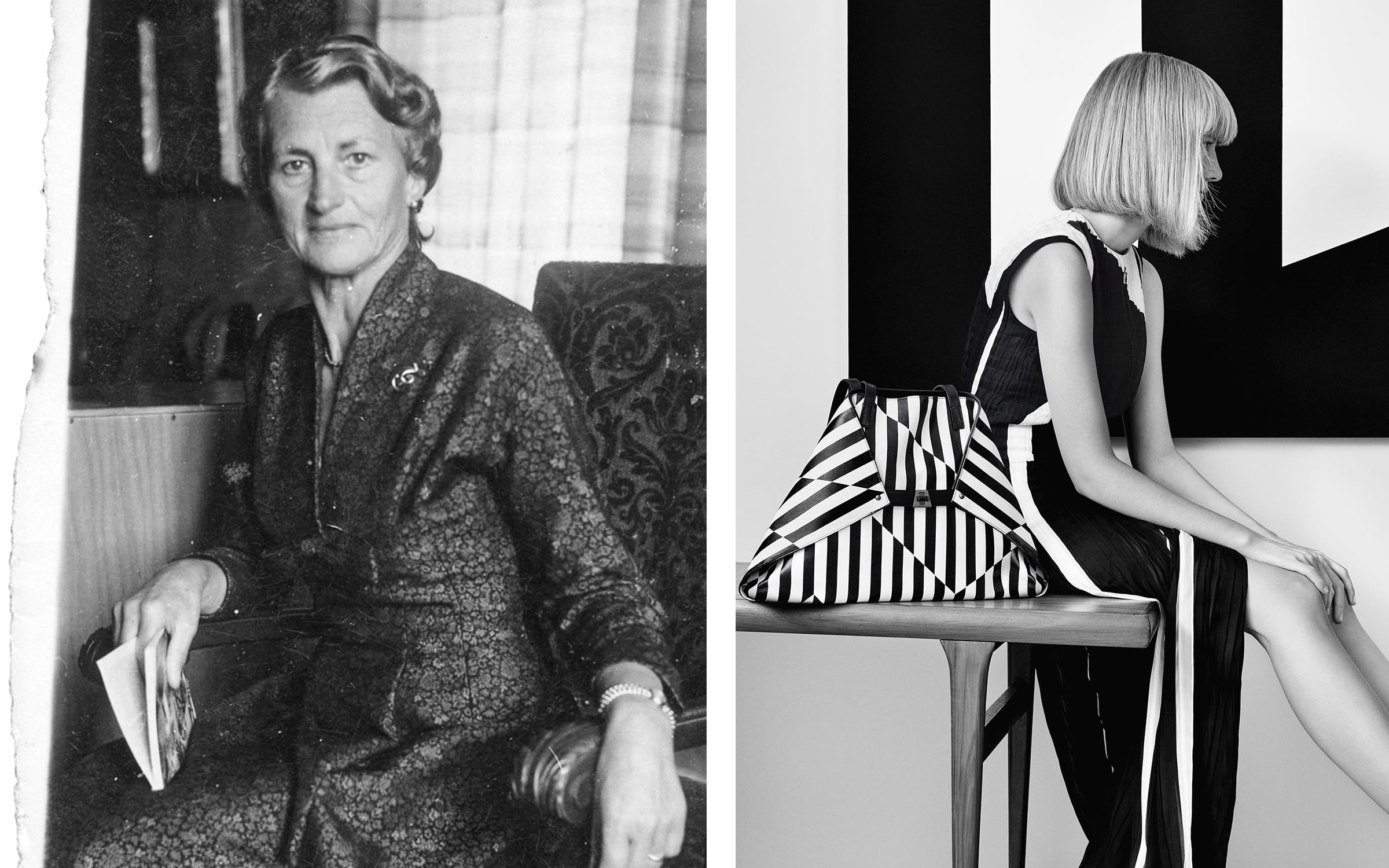 Left: Portrait of Alice Kriemler-Schoch in her office © Akris. Right: Akris, Albert Kriemler x Carmen Herrera, advertising campaign, Spring/Summer 2017. Photograph by Amit Israeli © Akris.