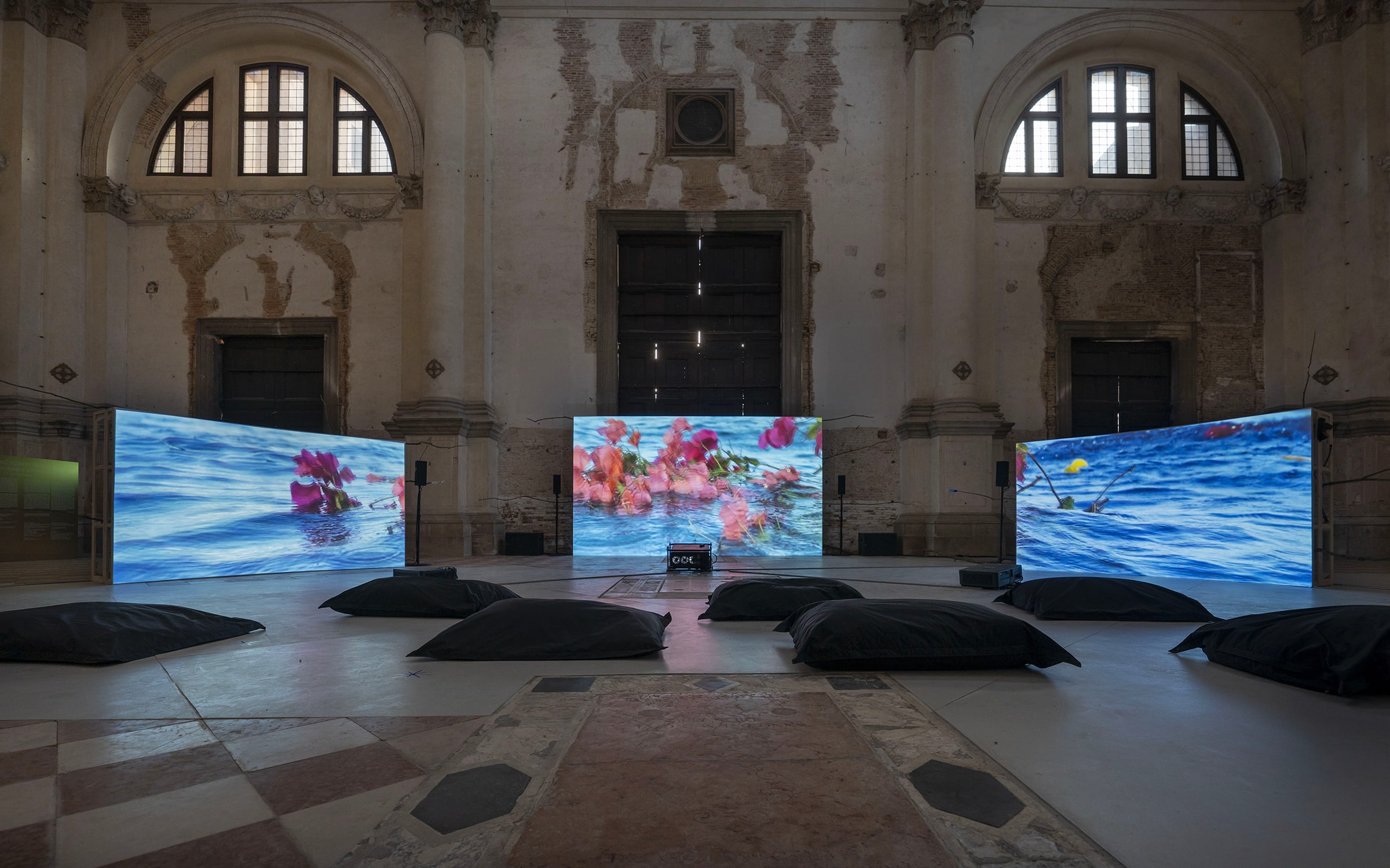 Exhibition view of ‘The Soul Expanding Ocean #3’ by Dineo Seshee Bopape. Ocean Space, Venice, 2022. Commissioned and produced by TBA21–Academy. TBA21 Thyssen-Bornemisza Art Contemporary Collection. Photograph by Matteo De Fina.