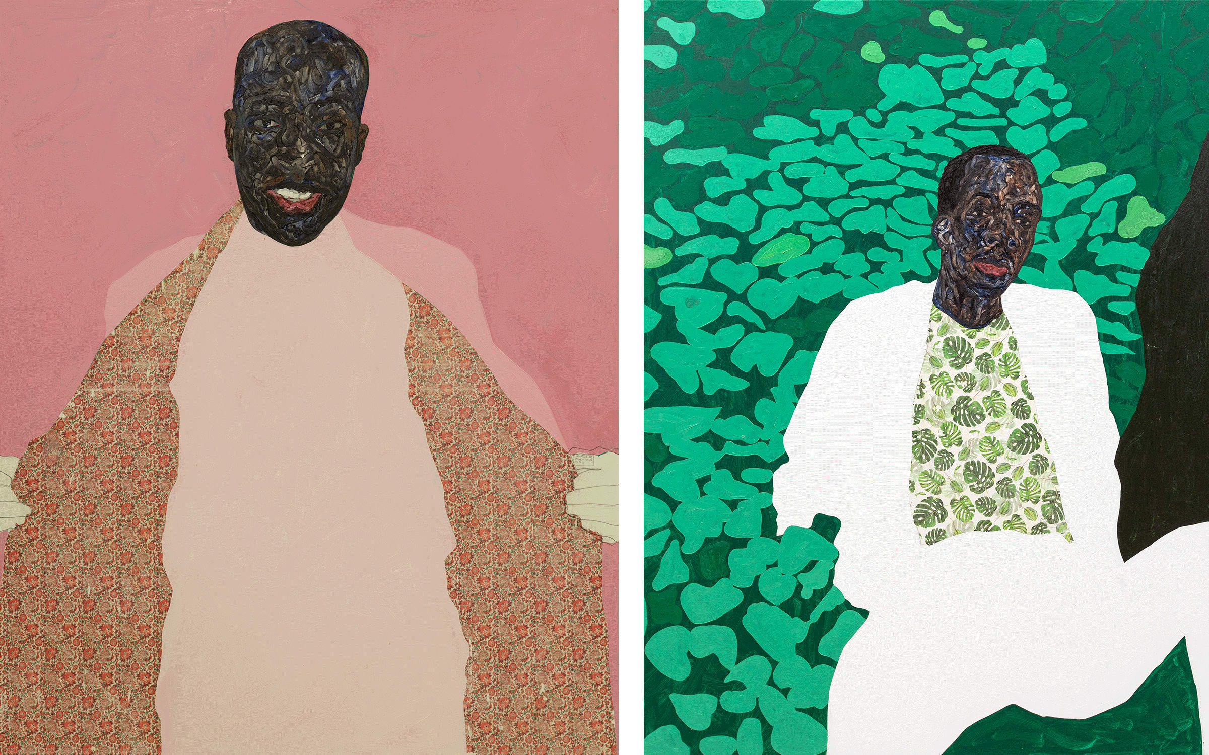 Both artworks by Amoako Boafo, courtesy of Mariane Ibrahim. Left: Floral Coat Lining, 2022. Right: Green petals, 2022.