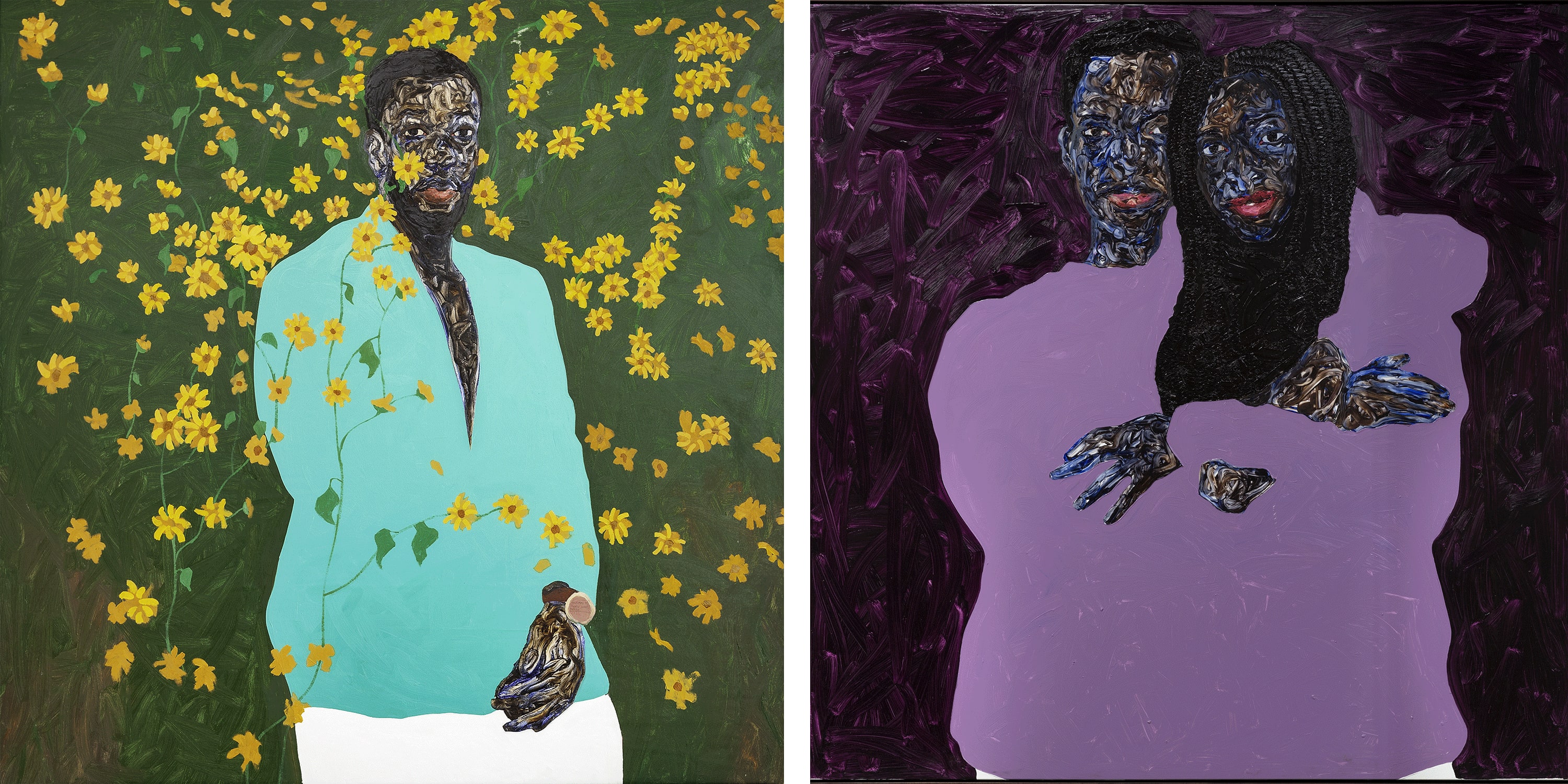 Artworks by Amoako Boafo, courtesy of Mariane Ibrahim. Left SUNFLOWER FIELD, 2022. Right: Hug from behind, 2022.