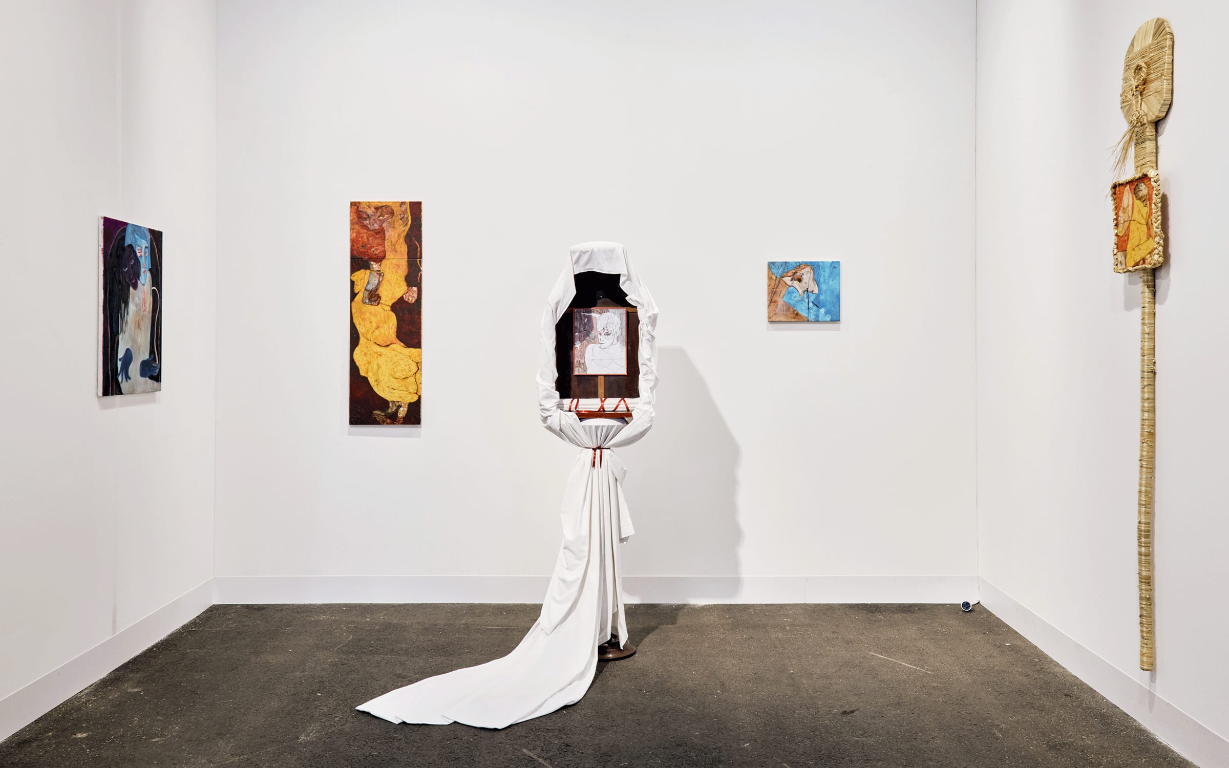Artworks by Jessy Razafimandimby in sans titre’s booth in the Galeries Émergentes sector at Paris+ par Art Basel 2022.