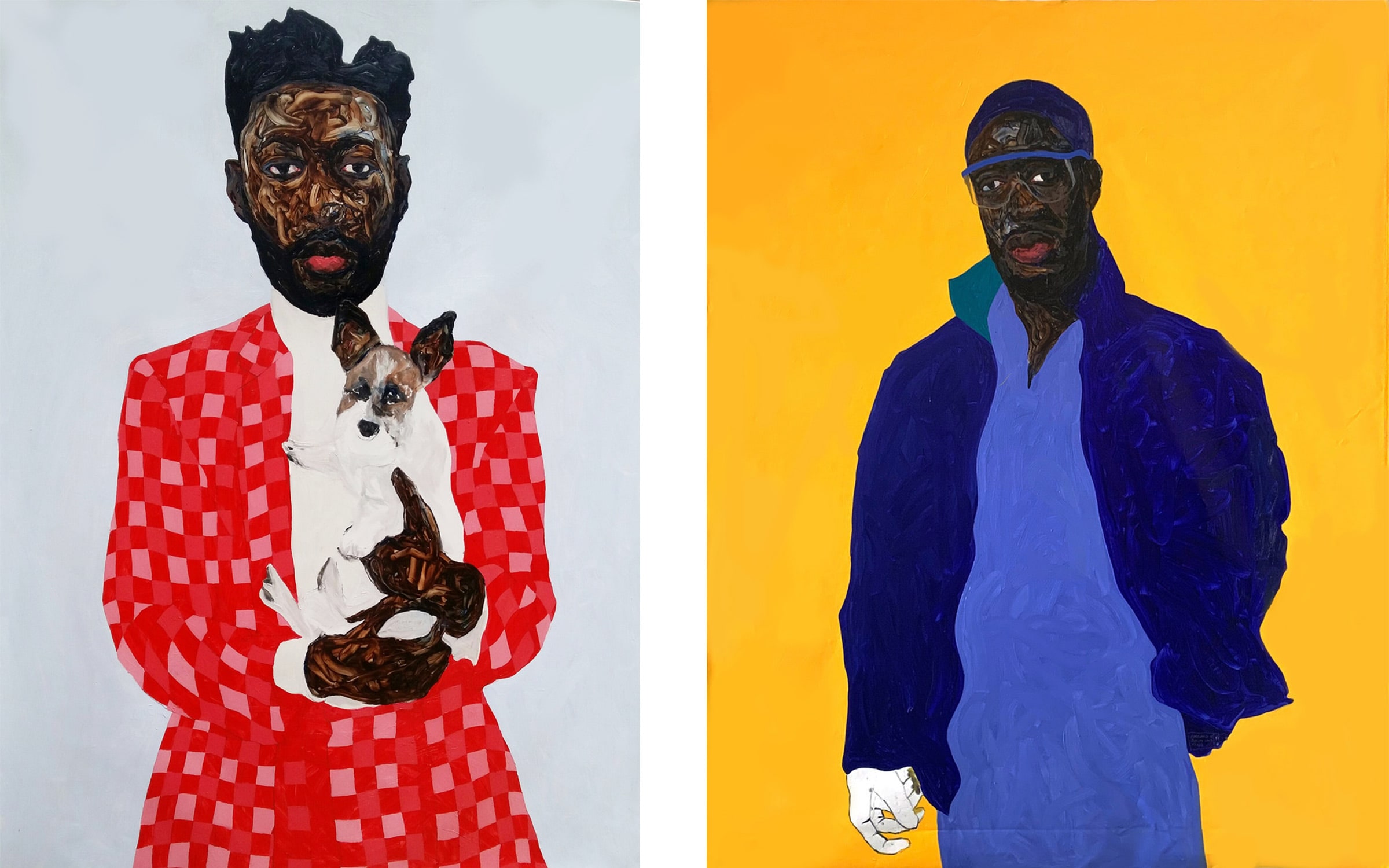Left: Amoako Boafo, Hudson Burke and Benedita Furacao, 2018. Courtesy of the artist and Mariane Ibrahim Gallery, Chicago. Right: Amoako Boafo, Steve Mekoudja, 2019. Courtesy of Mariane Ibrahim Gallery, Chicago.