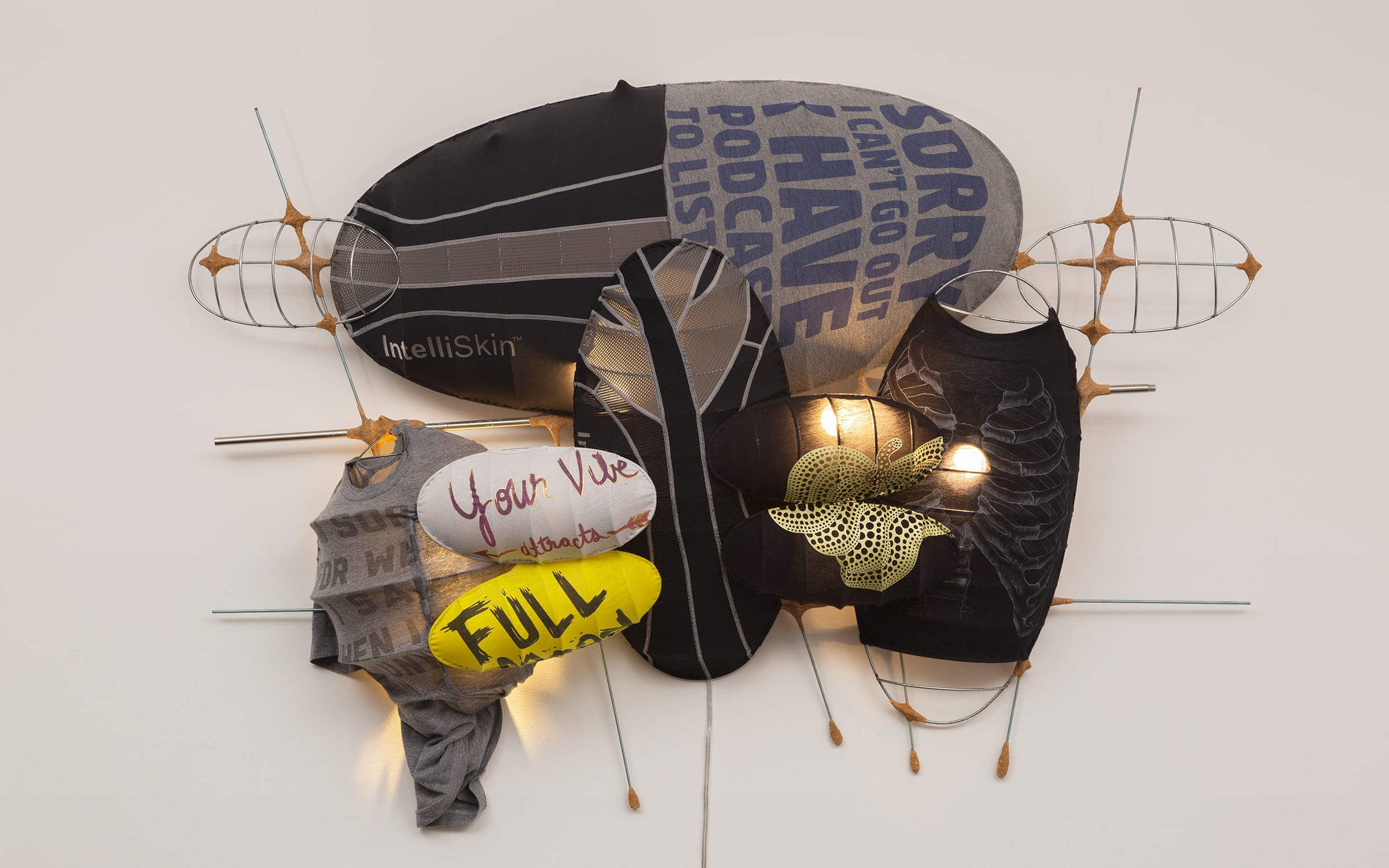 Jessi Reaves, Drive through the back of your eyes, 2019. Metal, fabric, sawdust, wood glue, lamp, wiring, 101.60 × 142.24 × 20.32 cm. Bridget Donahue will present a solo booth with works by Reaves in the forthcoming edition of Art Basel in Basel. Courtesy of the artist and Bridget Donahue, New York City.