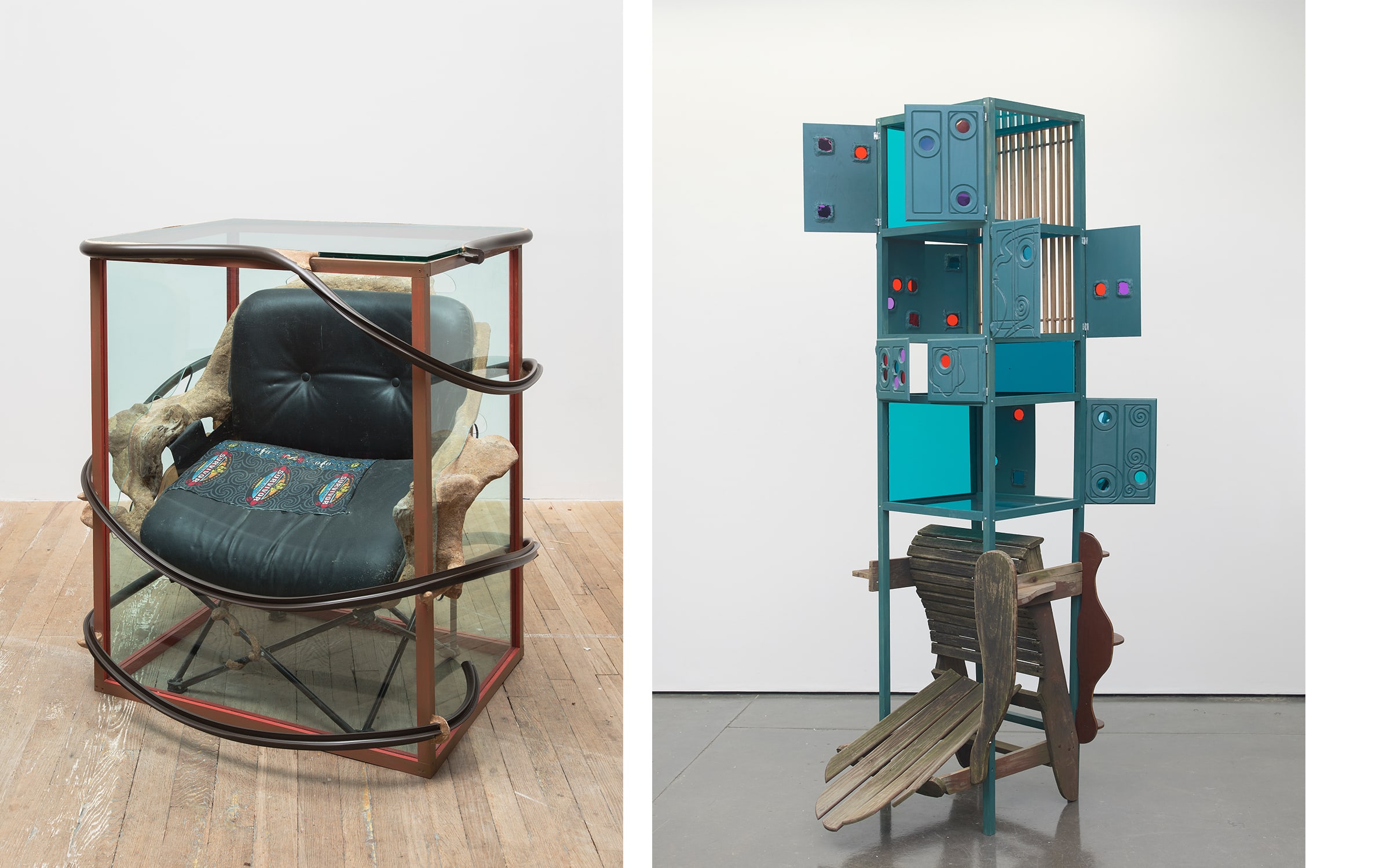 Left: Jessi Reaves, Redemption island standing table, 2019. Plexiglass, leather, wood, fabric, sawdust, wood glue, glass, rubber, driftwood, 107.32 × 114.30 × 97.79 cm. Photo by Gregory Carideo. Right: Jessi Reaves, NY state cabinet, 2019. Wood, plexiglass, paint, sawdust, wood glue, hardware. 246.38 × 106.68 × 81.28 cm. Photo by Andy Keate.