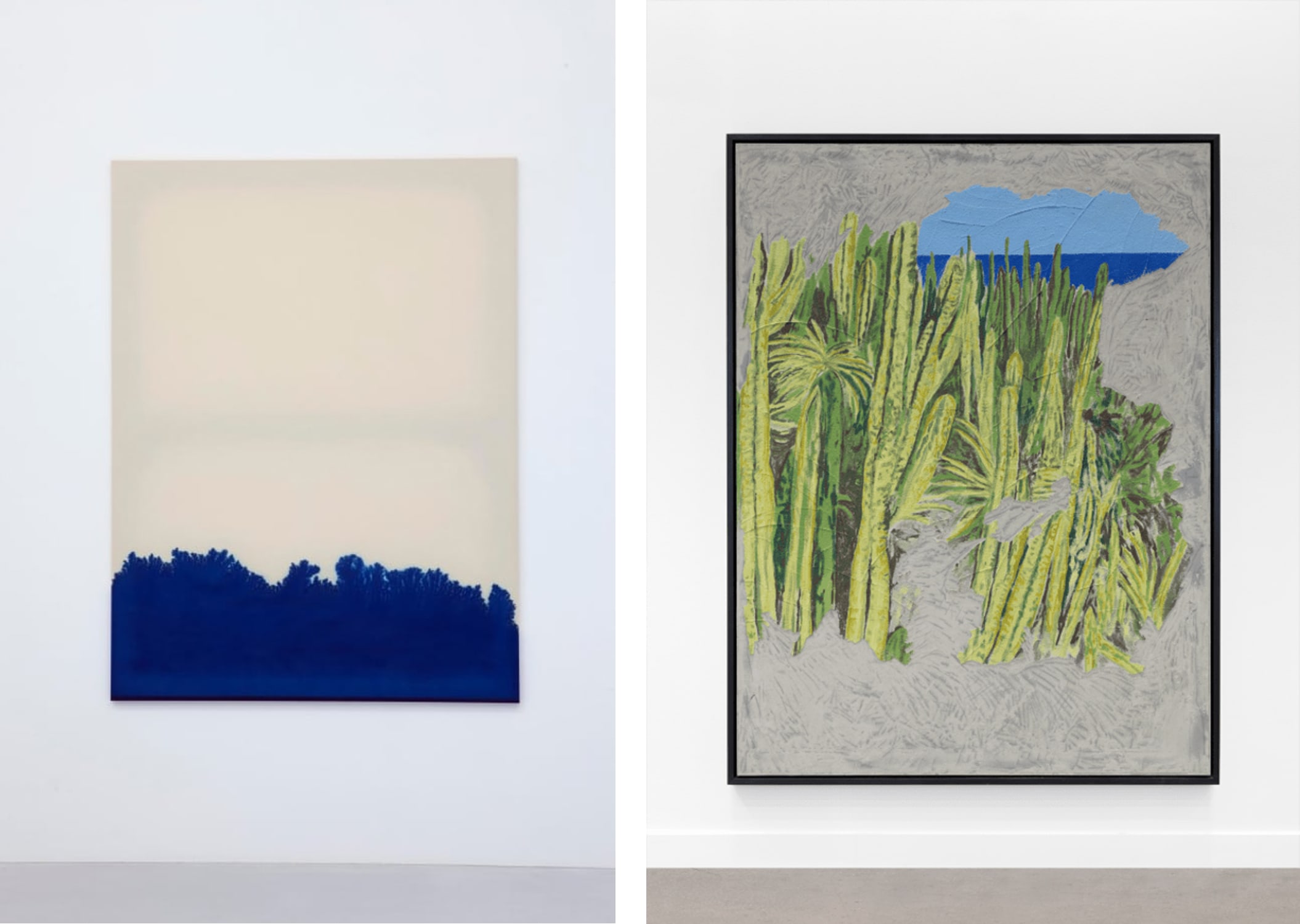 Left: Latifa Echakhch, Cannot remember what was the first image, and close eyes again to recover., 2014, presented at Art Basel Miami Beach 2017 by kamel mennour, Paris and London. Right: Latifa Echakhch, Sans Titre (Le Jardin Exotique), 2019, presented at Art Basel in Basel by Kaufmann Repetto, Milan and New York City.