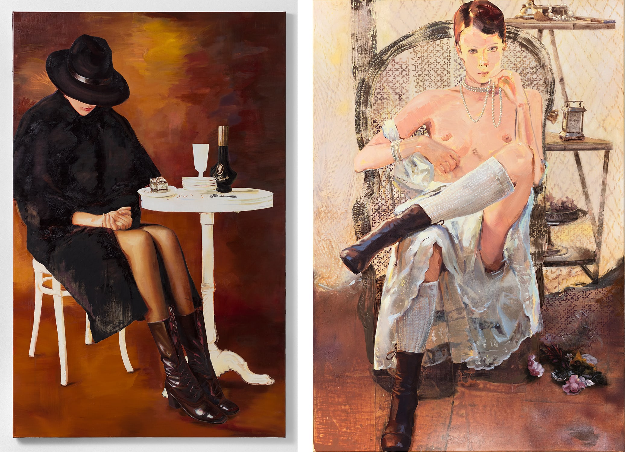 Left: Paulina Olowska, Alcoholic, 2020. Right: Paulina Olowska, Lover, 2020. Courtesy of the artist and Foksal Gallery Foundation, Warsaw.