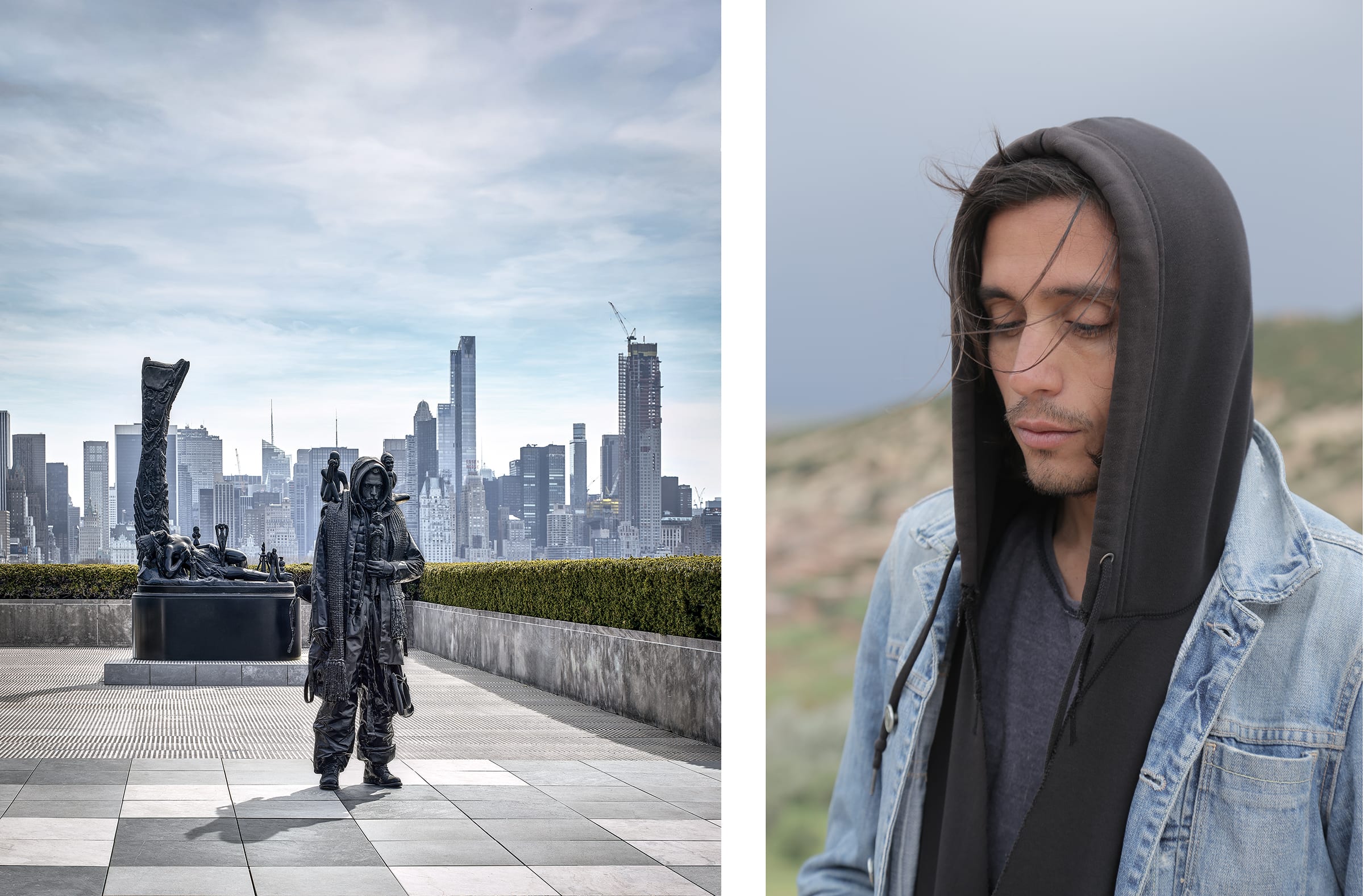 Left: Adrián Villar Rojas, The Theatre of Disappearance, 2017. Installation view, The Roof Garden Commission at The Metropolitan Museum of Art, New York, 2017. Courtesy of the artist, Marian Goodman Gallery, and kurimanzutto. Photo by Michael Kirby Smith. Right: Adrián Villar Rojas. Photo by Mario Caporali, 2016.
