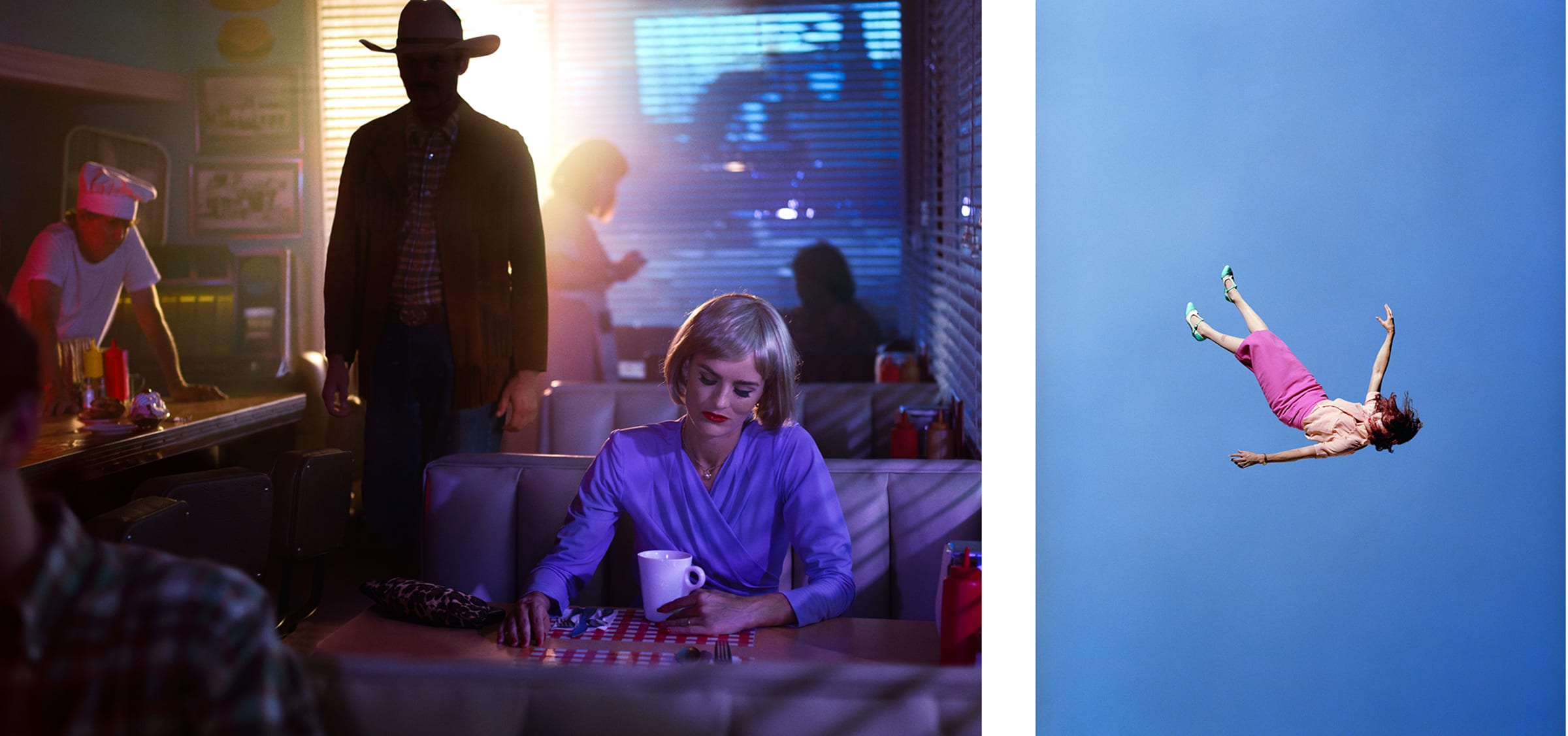 Alex Prager, Diner (left) and Mary Suspended Between Heaven and Earth (right), 2022. Courtesy of Alex Prager Studio and Lehmann Maupin, New York, Hong Kong, Seoul, and London.