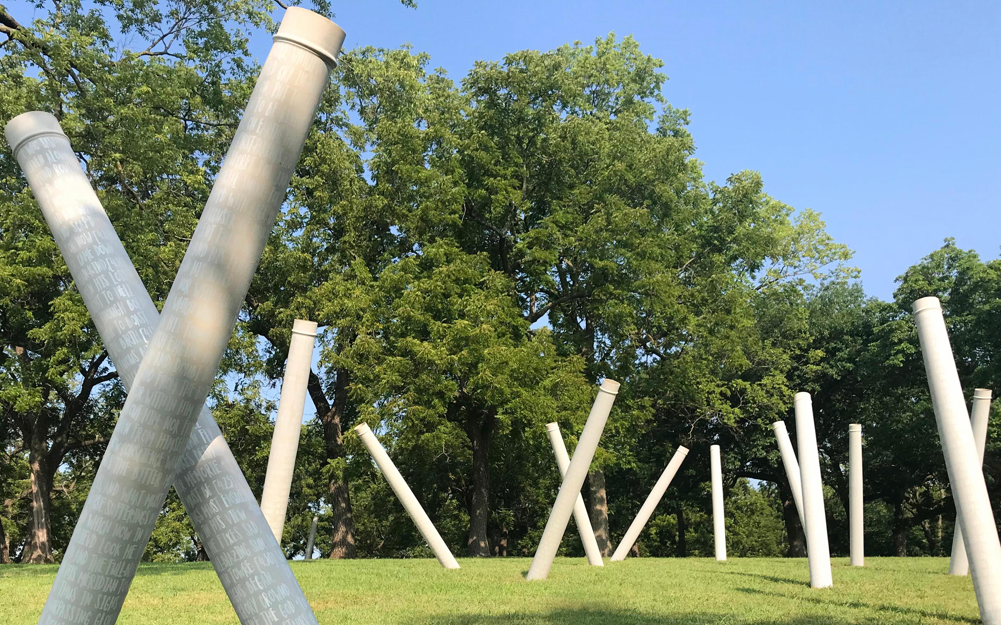 Dawn DeDeaux, Free Fall: Prophecy and Free Will in Milton’s Paradise Lost, 2018, installed in Swope Park as part of Open Spaces Kansas City. Courtesy of the artist; photo by Chris Alfieri. 