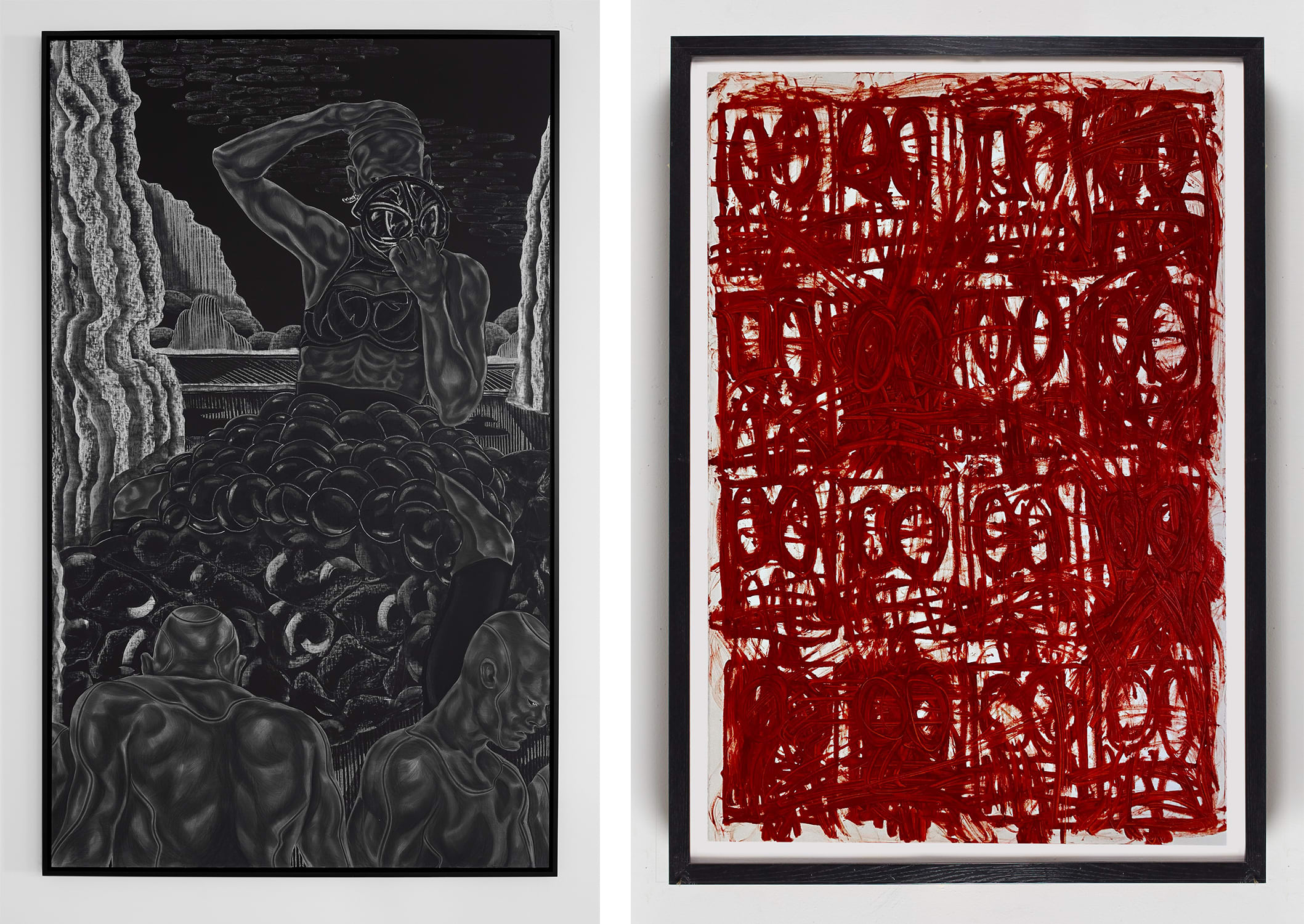 Left: Toyin Ojih Odutola, Routine Inspection, 2019. Right: Rashid Johnson, Untitled Anxious Red Drawing, 2020. Both works were acquired by collectors Harry David and Lana de Beer recently. Courtesy of the Harry G. David Collection, Athens.