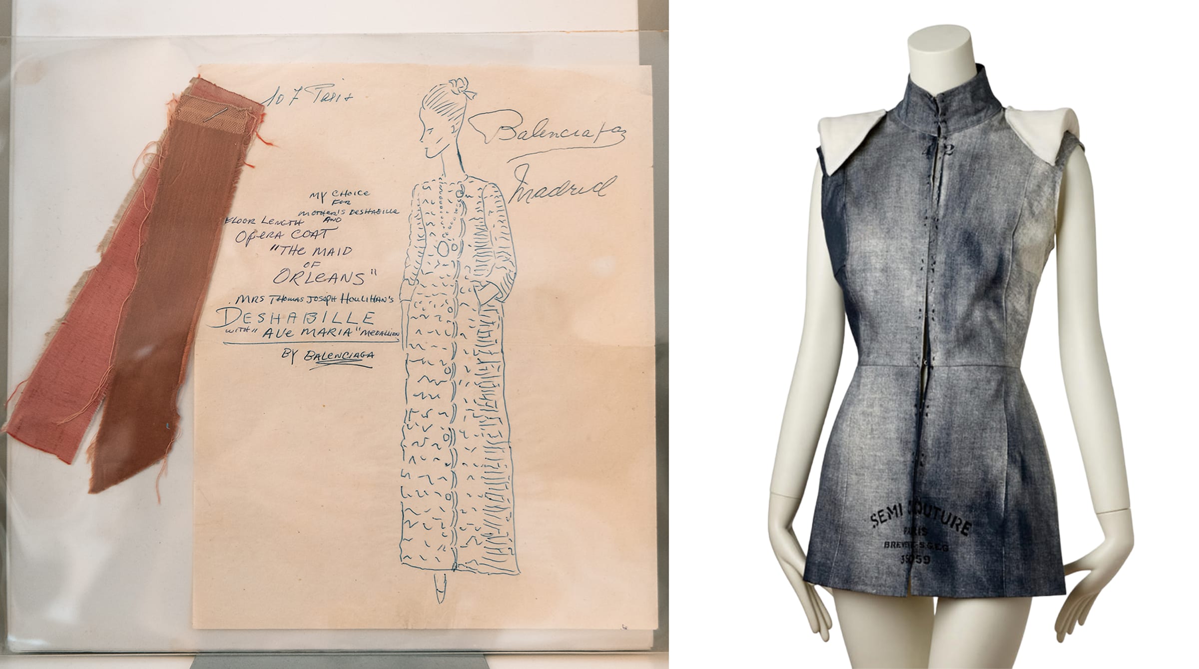 Left: A sketch for an evening coat with multiple silk swatches by Cristobal Balenciaga, 1963. Part of the Cristobal Balenciaga/EISA Document/Archive at Parodi Costume Collection. Photograph by Dave Meall. Right: Maison Martin Margiela, tromp l'oeil Stockman Jacket, spring/summer 1999. Photograph by Kerry Taylor Auctions. Both images courtesy of Parodi Costume Collection.