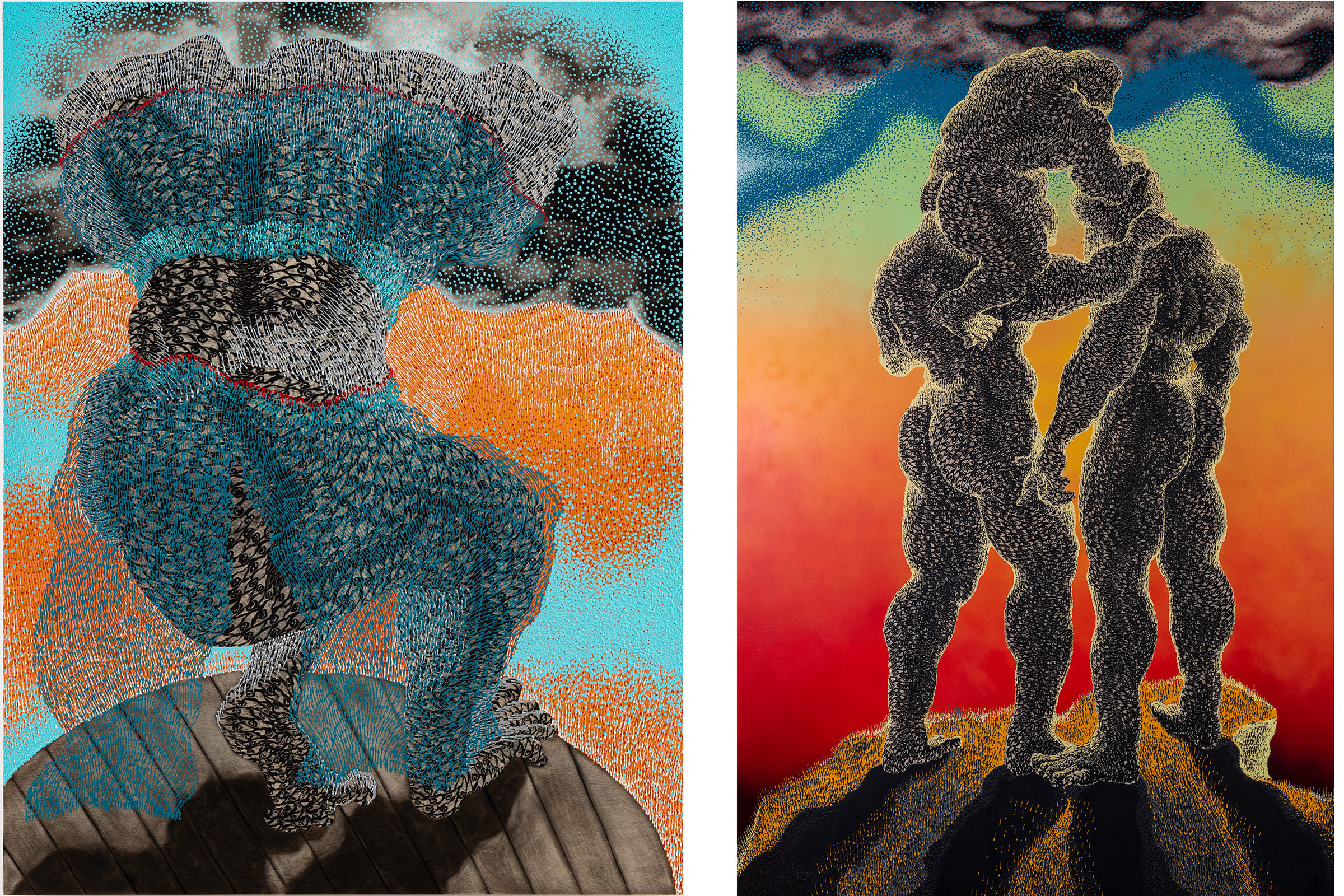 Left: Didier William, Gwo Madame, 2020. Braiteh Foundation Collection. Right: Didier William, Just Us Three, 2021. Collection of Jonathan Sobel and Marcia Dunn.