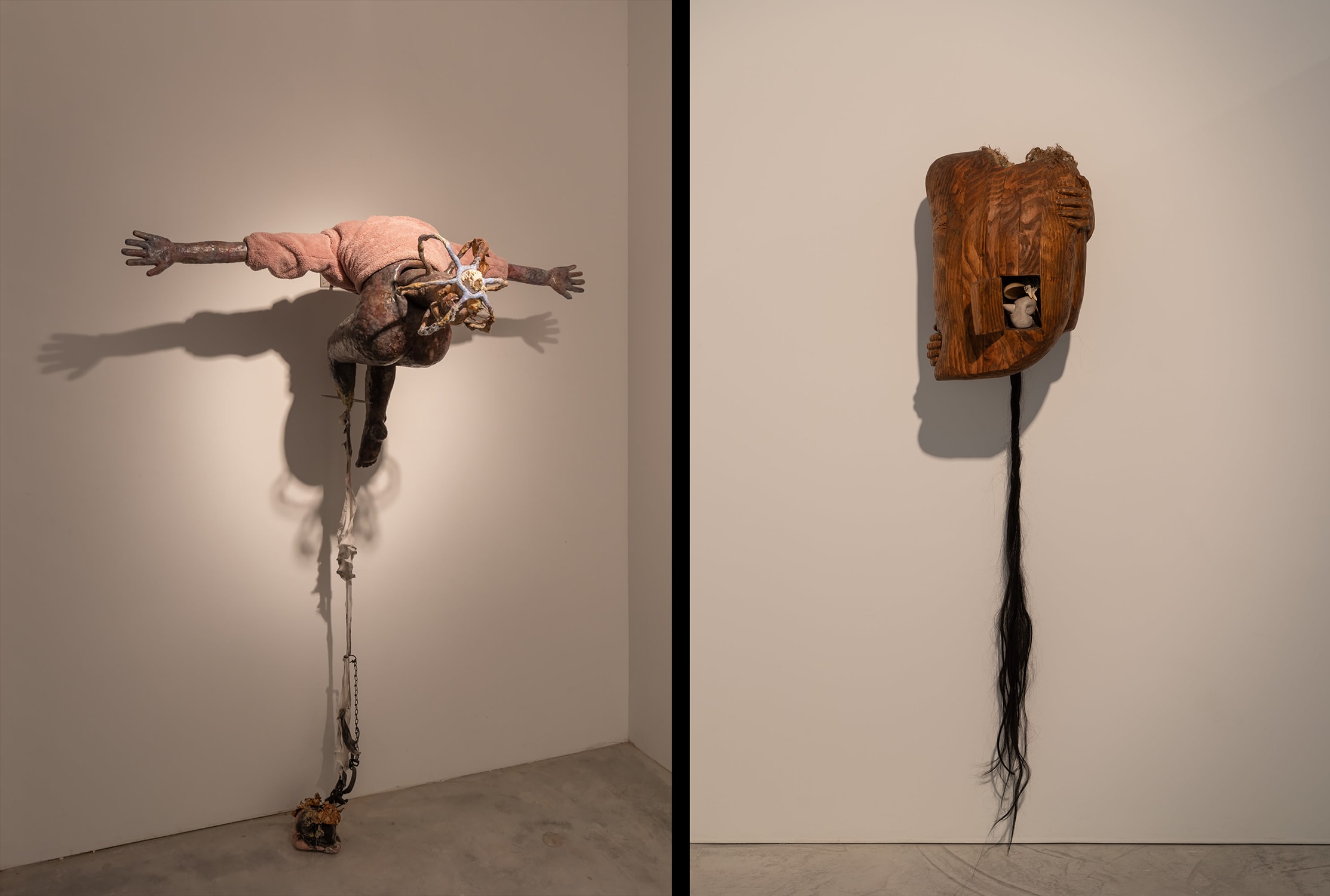 Left: Catalina Ouyang, force of will (dog self), 2021. Right: Catalina Ouyang, reliquary corpus (lash of hope), 2021. Courtesy of Lyles & King, New York City.