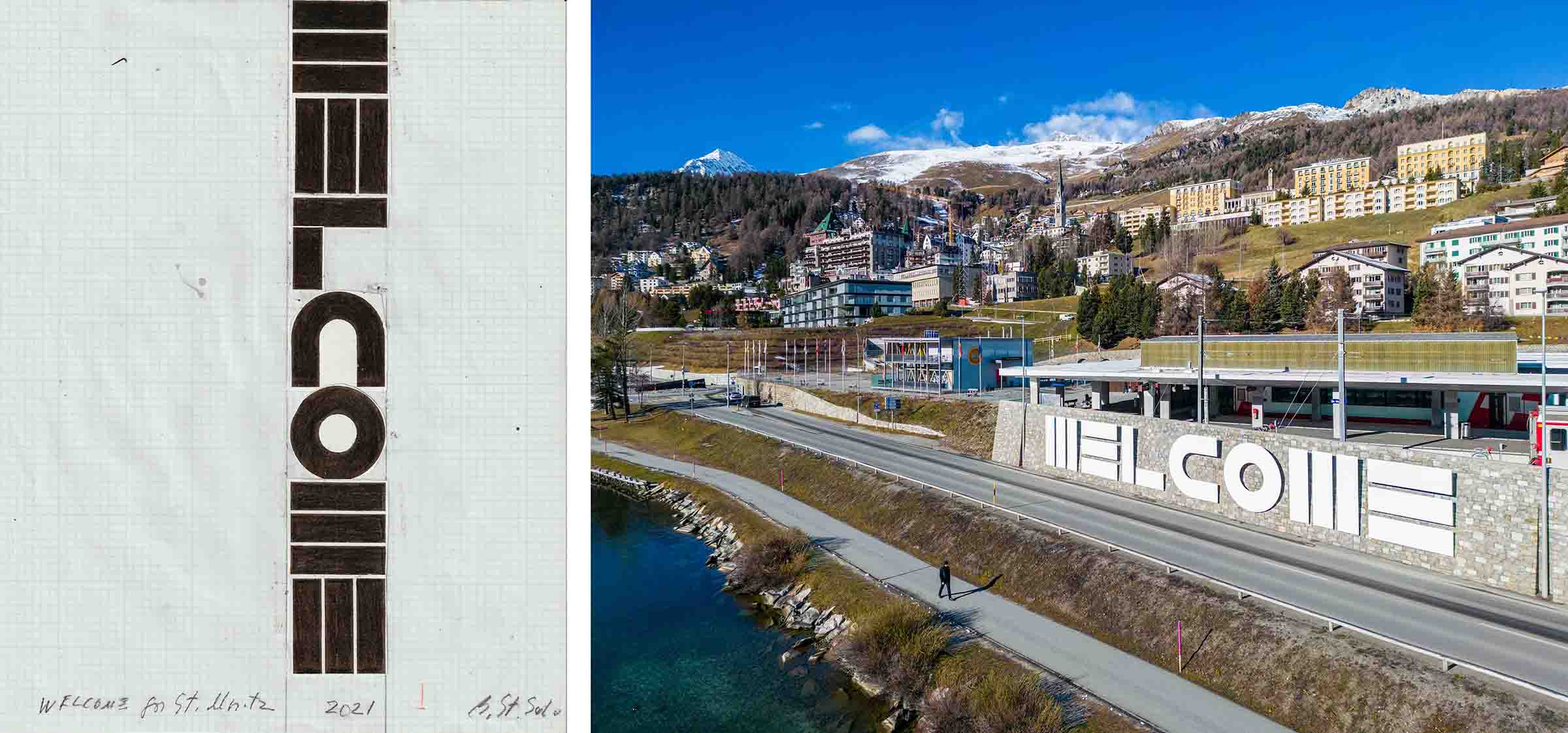 Left: Sketch for Welcome by Barbara Stauffacher Solomon, 2021. Right: Installation view of Barbara Stauffacher Solomon, Welcome, 2022, in St. Moritz. © fotoswiss by Giancarlo Cattaneo. Drone image with permission from Airport Samedan. Both images courtesy of the artist and von Bartha.