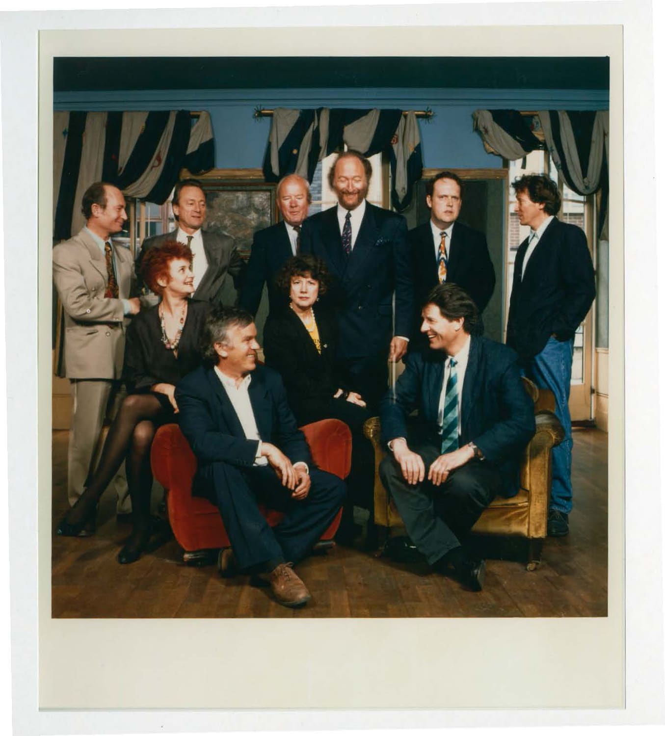 The Groucho Club Founding Committee. Standing: Louis Baum, John Armit, Michael Sissons, Ed Victor, Liam Carson, Tchaik Chassay. Seated: Liz Calder, Matthew Evans, Carmen Callil, and Tony Mackintosh. Photo by Terry O'Neill. Courtesy of The Groucho Club.