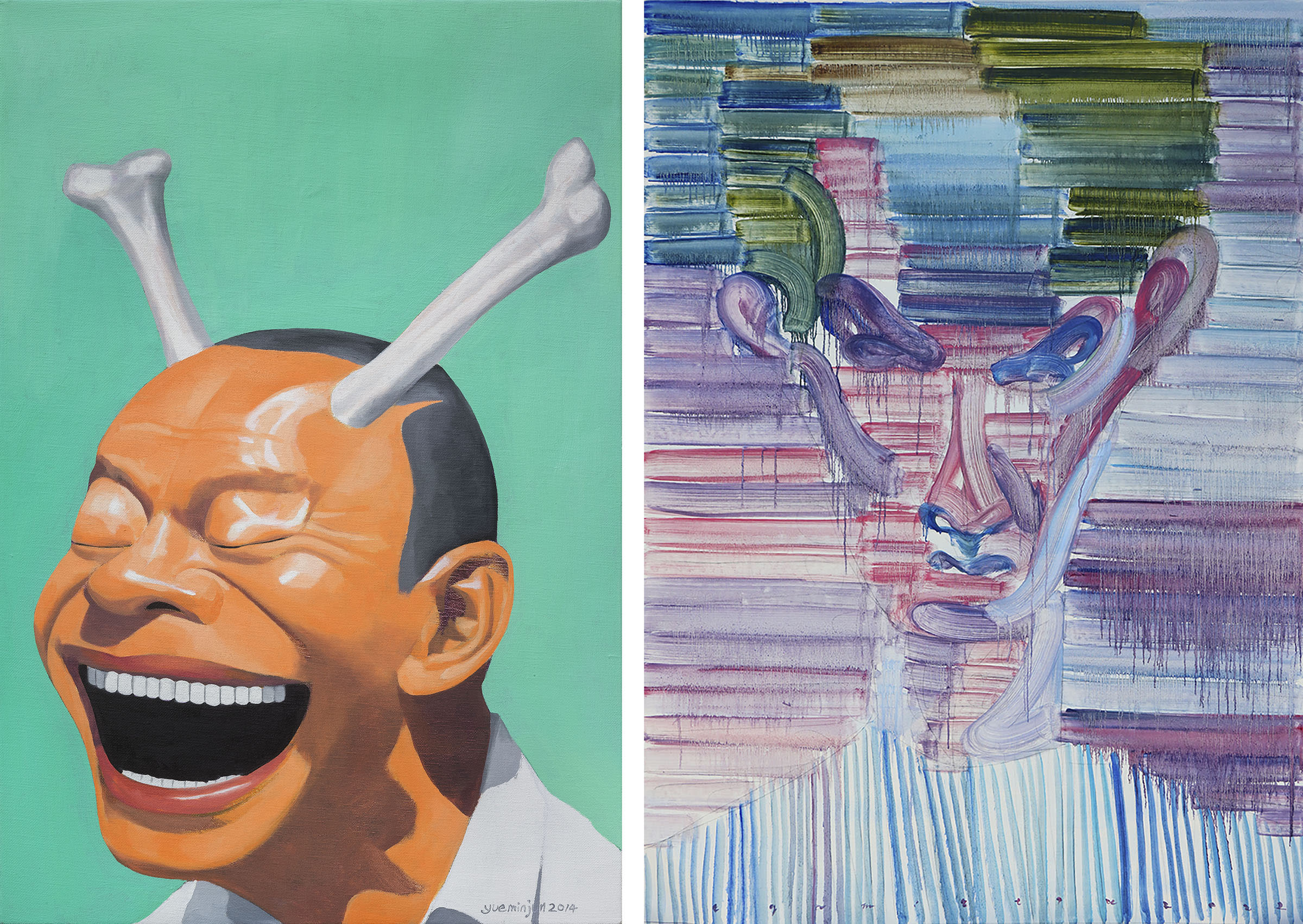 Left: Yue Minjun, The Bones, 2014. Right: Etsu Egami, Rainbow-Ice Cold Girl, 2022. Both images Courtesy of the artists and Tang Contemporary Art, Beijing, Bangkok, Hong Kong, and Seoul. 