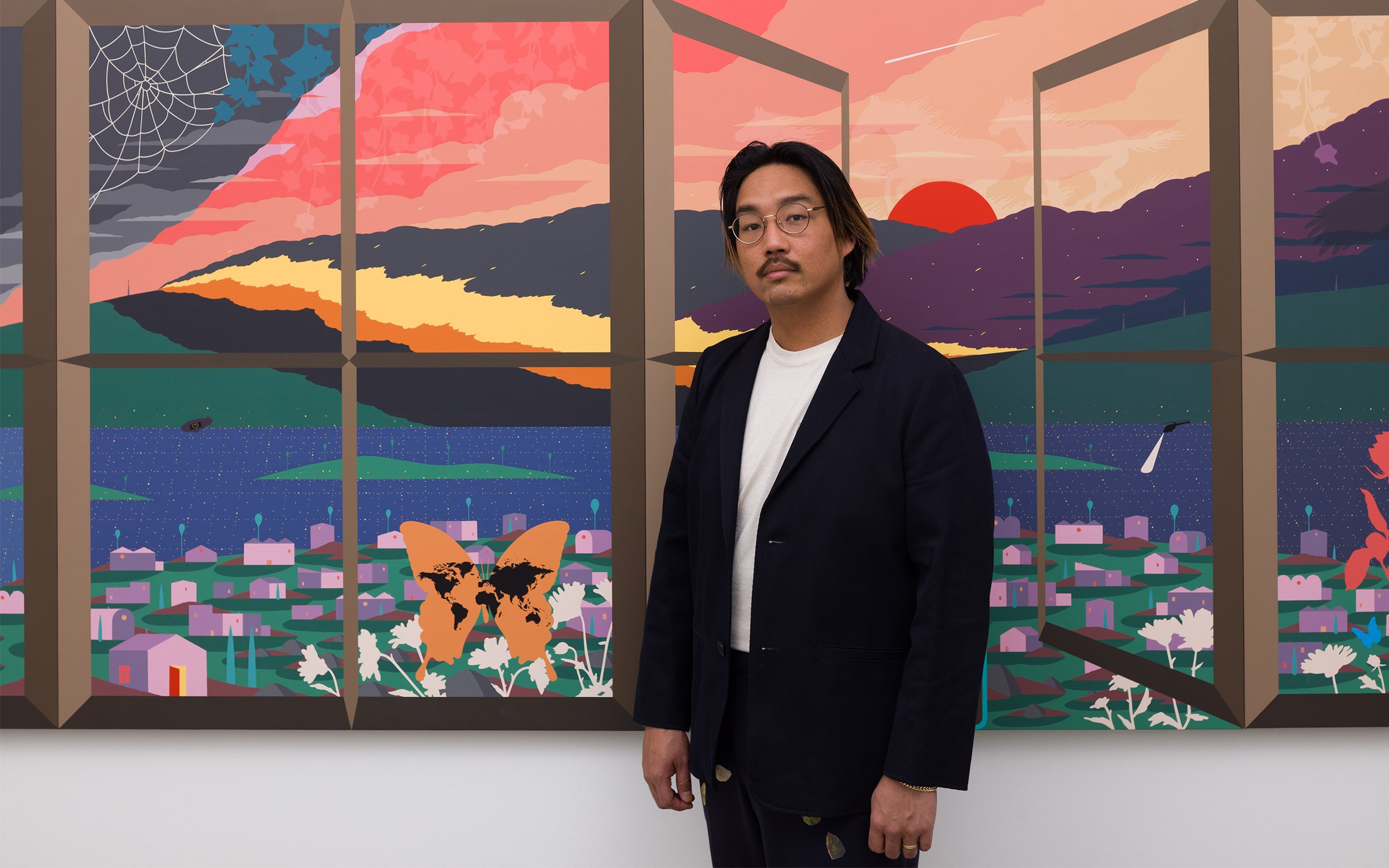 Greg Ito in front of his 2021 work Paradise. Photo by Michael Underwood. Courtesy of the artist and Anat Ebgi, Los Angeles.