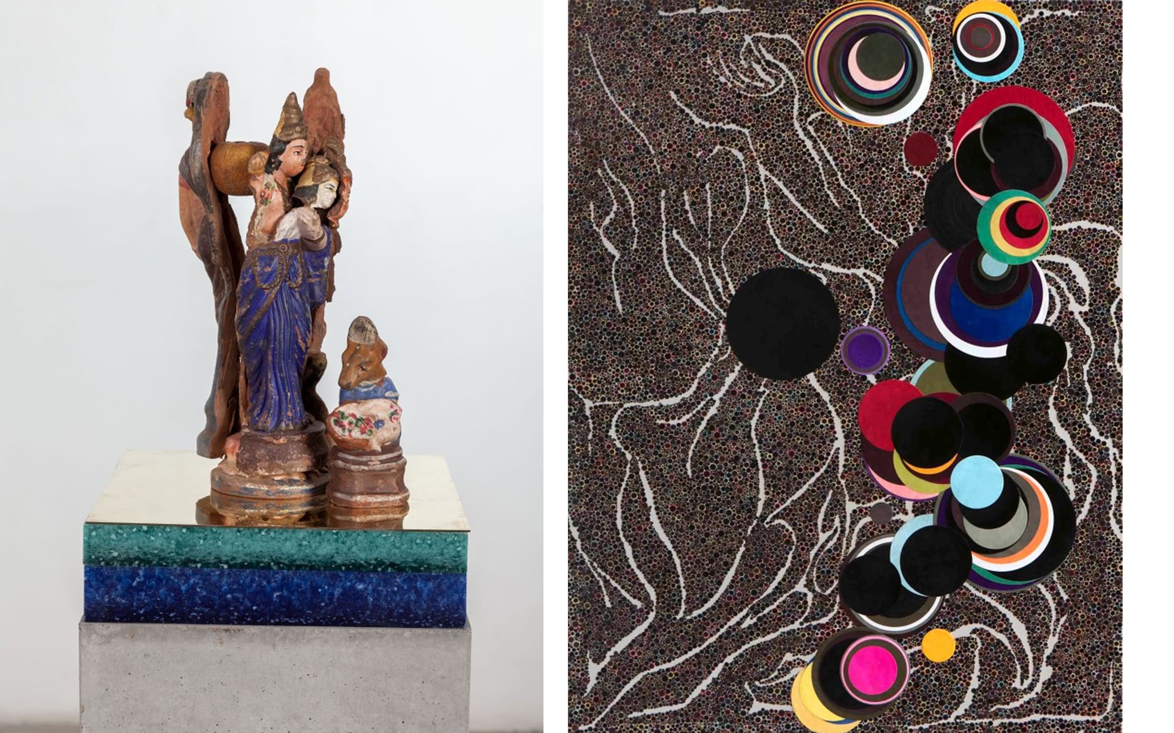 左：Bharti Kher《The Intermediaries (20)》(局部)（2017），由Perrotin於2019年巴塞爾藝術展香港展會中呈現。右：Bharti Kher《Black Disturbance》（2015），由Perrotin於2016年巴塞爾藝術展香港展會中呈現。 