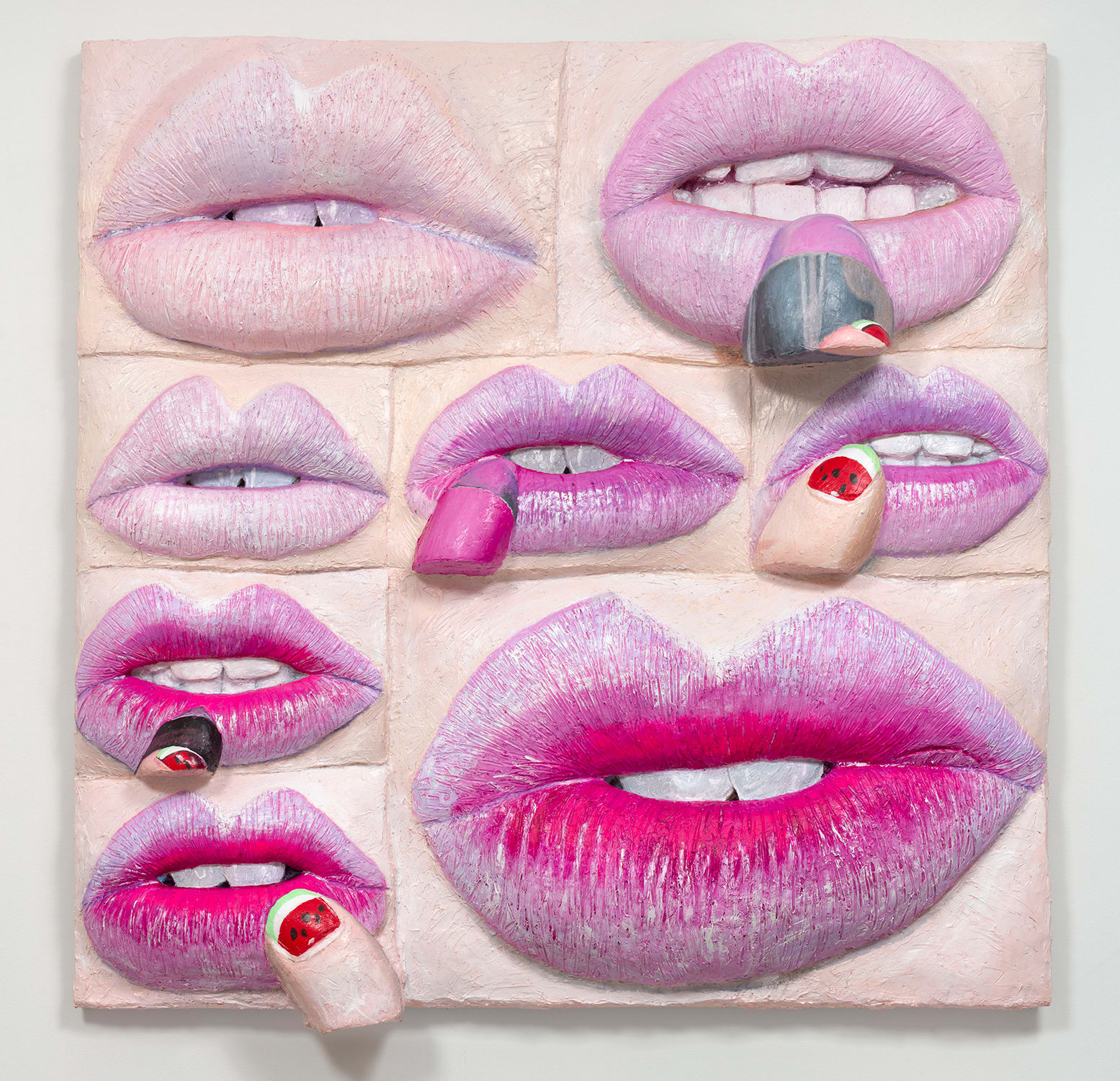 Gina Beavers《Pink Ombre Lip》（2019），由Marianne Boesky Gallery（紐約市、阿斯彭）於2019年巴塞爾藝術展邁阿密海灘展會中呈現。