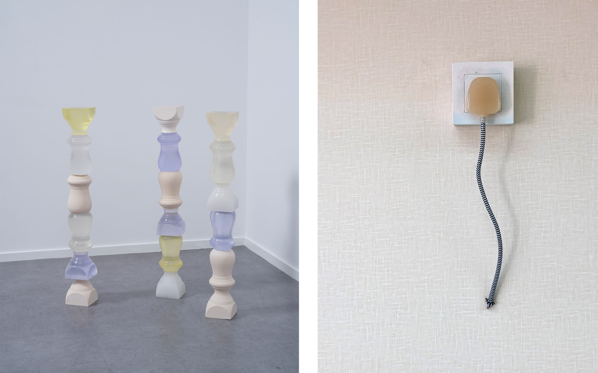 Left: Tap Chan, 2.5 Dimensional Modules, 2021. Right: Tap Chan, Breaking the Normal Flow of Time, 2021. Courtesy of the artist and Mine Projects, Hong Kong.