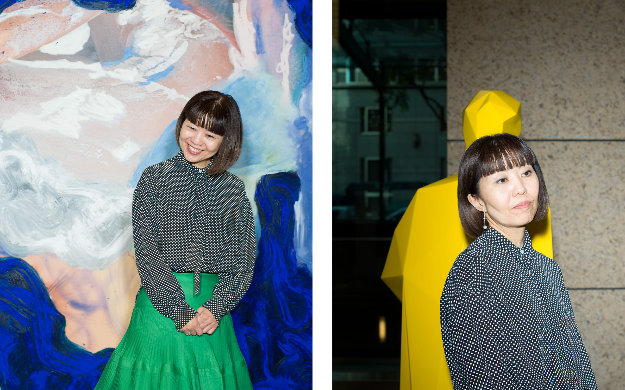 Miwa Taguchi in front of Donna Huanca's work HANGISI (2017, left) and Xavier Veilhan's work Manfredi (2018-2019, right). Both works are currently on view in 'SMBC meets Contemporary Art “Come take a look!”', Sumitomo Mitsui Banking Corporation East Building, Tokyo, February 2022. Photo by Christoffer Rudquist for Art Basel.