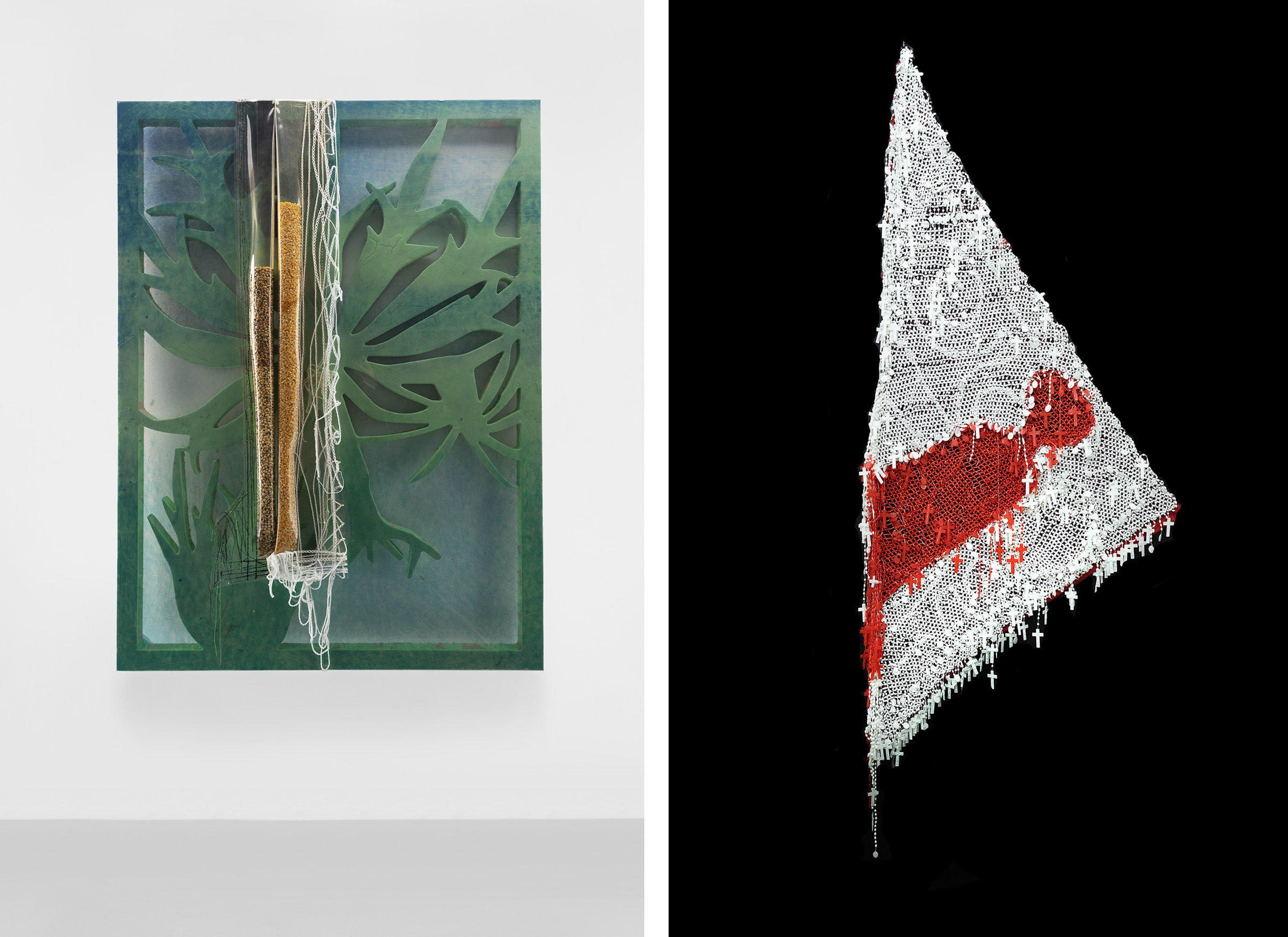 Left: Julien Creuzet, Untitled, 2023. Courtesy of the artist and High Art, Paris and Arles. Right: Victor Ehikhamenor, Always at the Edge of Things II, 2022. Courtesy of the artist and Retro Africa, Abuja, Nigeria.