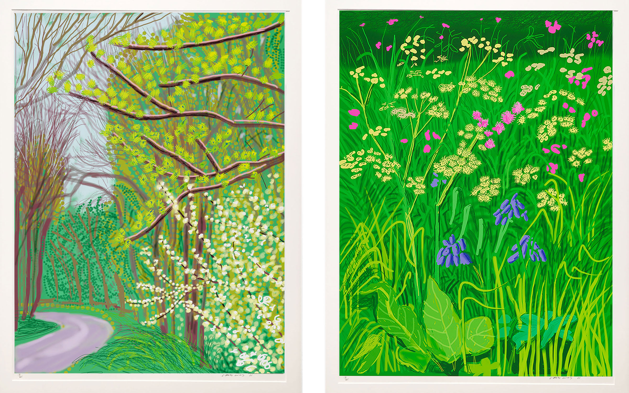 Left: David Hockney, The Arrival of Spring in Woldgate, East Yorkshire in 2011, 17 May, 2011. Right: The Arrival of Spring in Woldgate, East Yorkshire in 2011 (twenty eleven) - 30 May, 2011. Courtesy Annely Juda Fine Art, London.