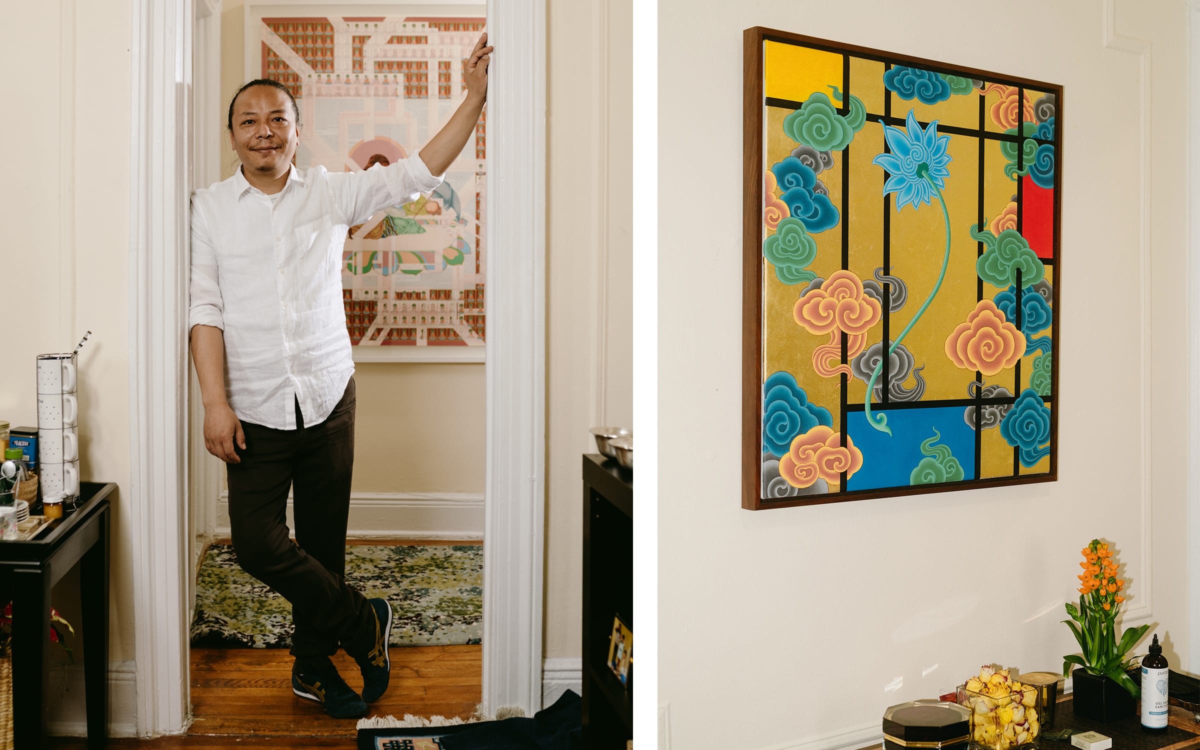 Tenzing Rigdol in his appartment studio in Queens, New York City, 2021. Photo by Caroline Tompkins for Art Basel.