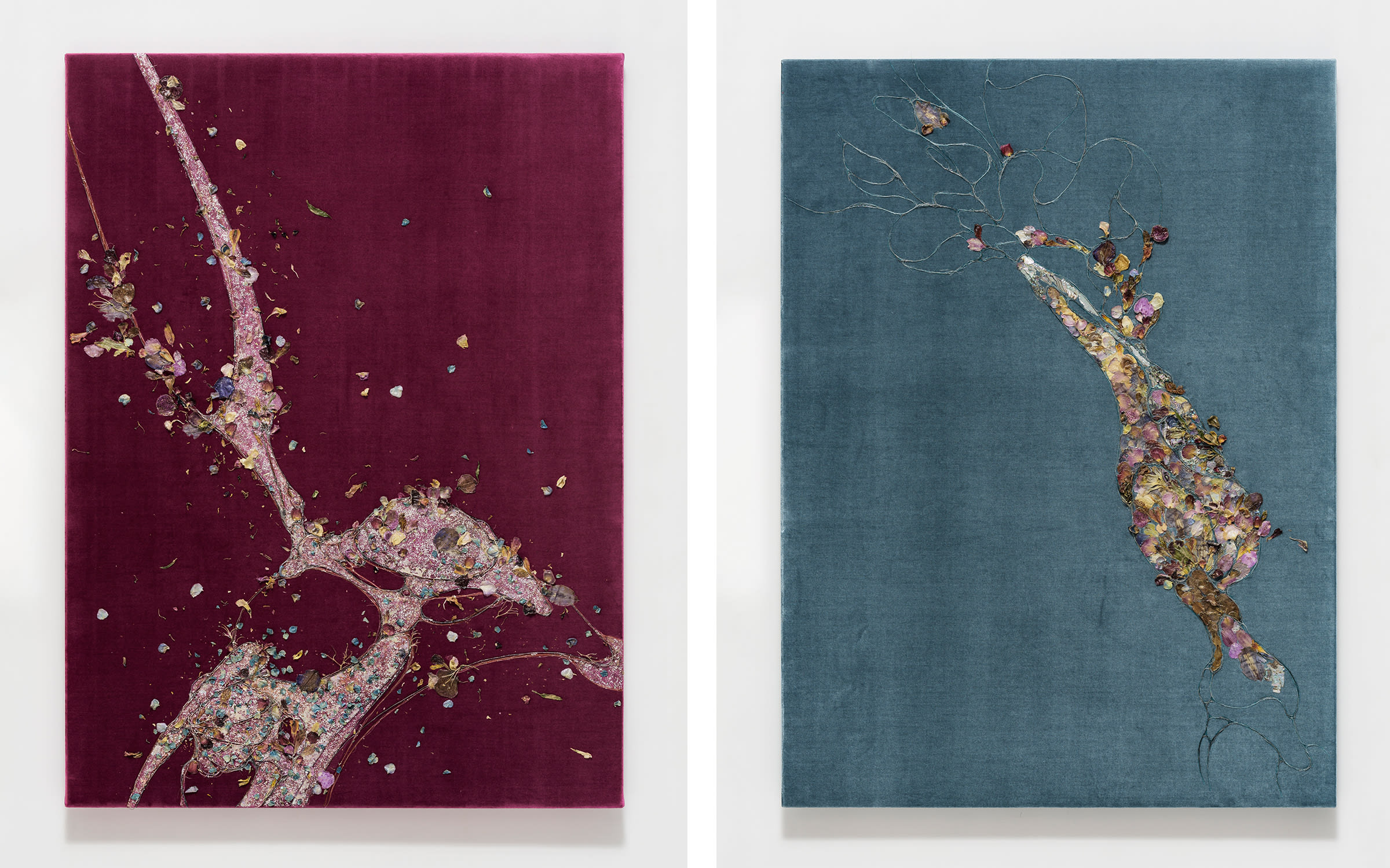Left: Lee Bul, Untitled (Mekamelencolia - Velvet #13 DDRG16CD), 2019. Right: Untitled (Mekamelencolia - Velvet #12 DDRG24OC), 2019. Courtesy of Studio Lee Bul and Lehmann Maupin, New York City, Hong Kong, and Seoul.