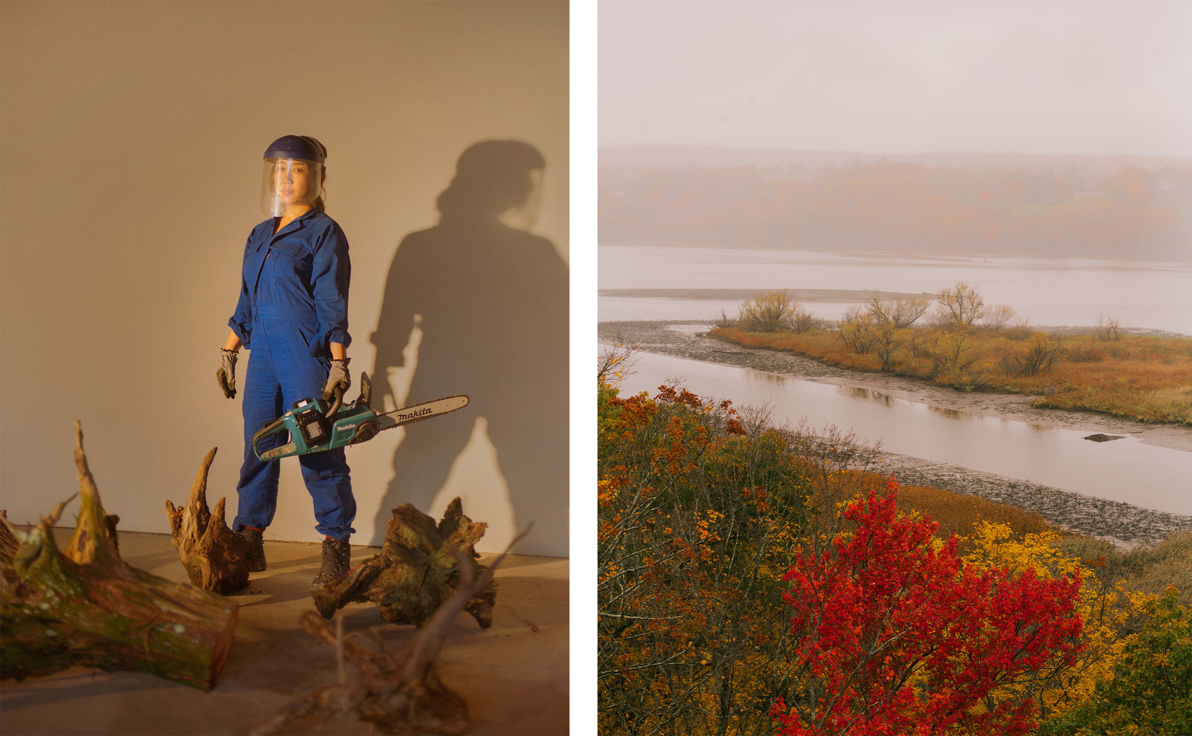 Left: Moko Fukuyama, the artist-in-residence at STONELEAF retreat, in partnership with the River Valley Arts Collective and Al Held Foundation. Left: The Hudson Valley. Photos by Tonje Thilesen for Art Basel.