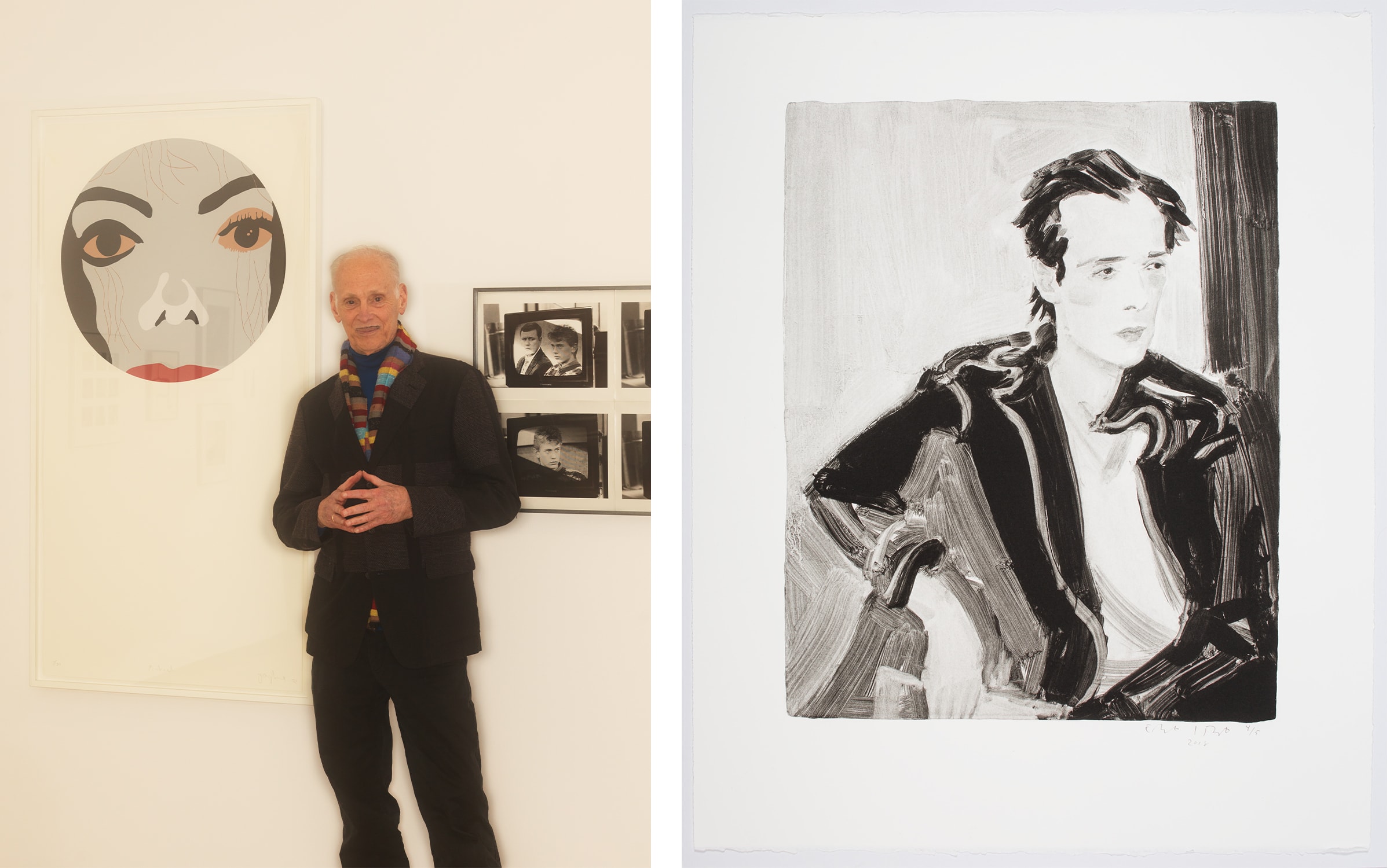 Left: Waters at the Baltimore Museum of Art, with Gary Hume's Michael (2022) and Larry Clark's Untitled (1990), both of which are part of the his collection. Right: Elizabeth Peyton, Colin (de Land), 2018. Collection of John Waters. © Elizabeth Peyton.