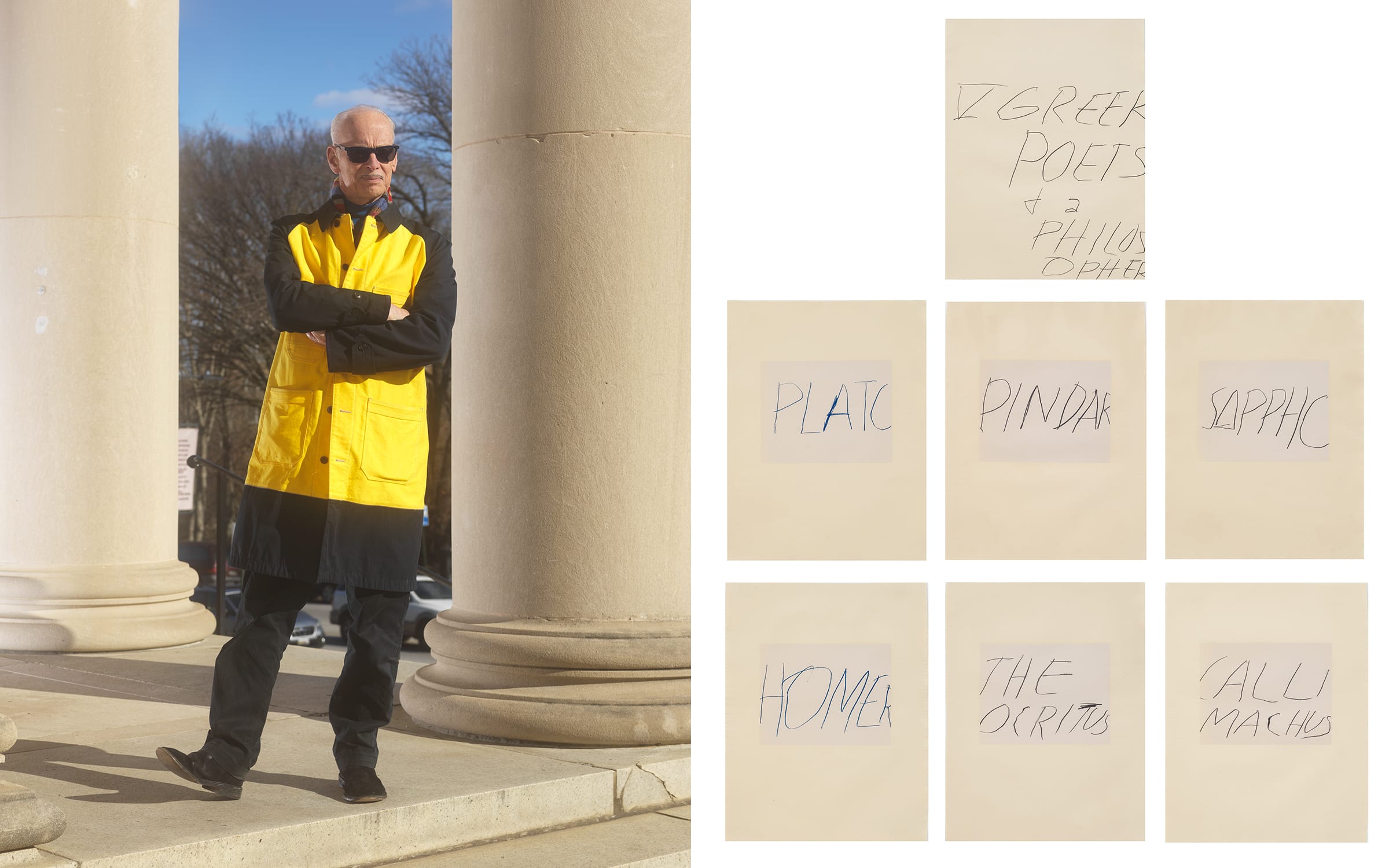 Left: John Waters at the Baltimore Museum of Art, January 2023. Photograph by Matt Grubb for Art Basel. Right: Cy Twombly, Five Greek Poets and a Philosopher, 1978. Collection of John Waters. © Cy Twombly Foundation.